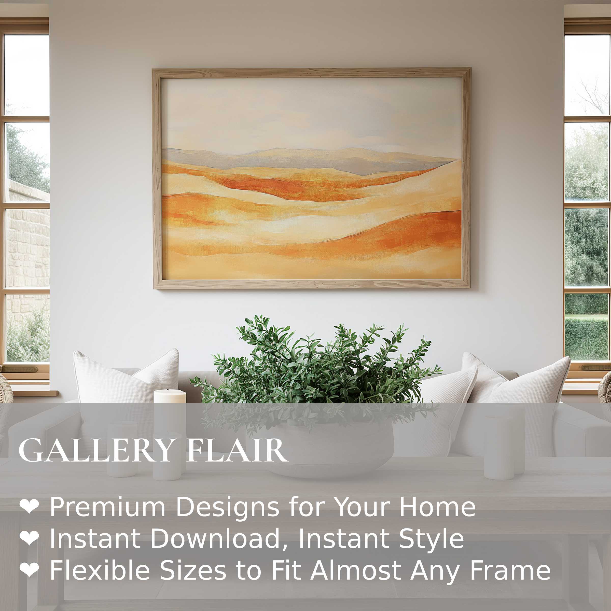 Boho wall art print with warm desert hues, radiating calm and elegance in a modern, minimalist living space