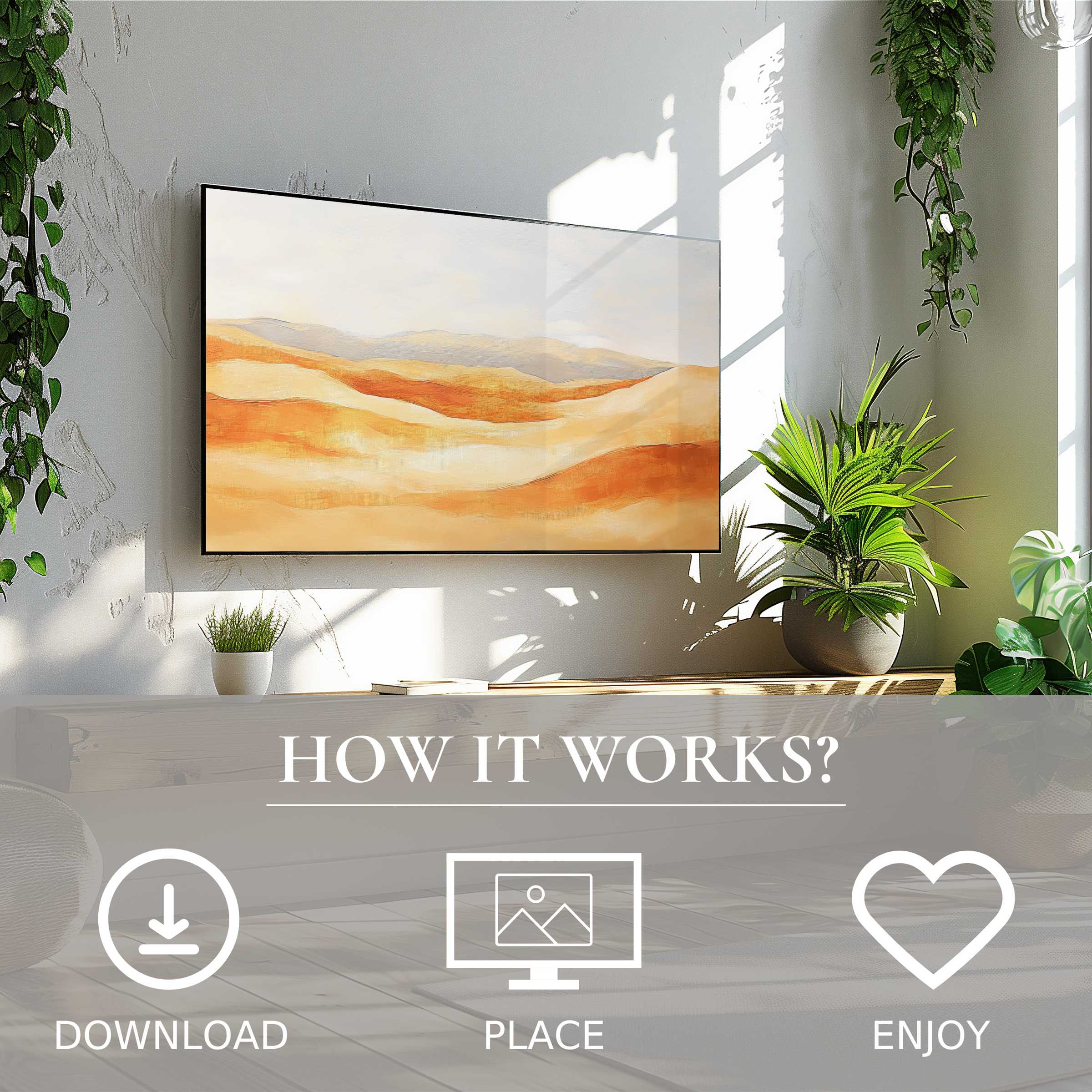 Bright living room with boho art for Samsung TV, soft sunset tones, easy digital download, enriches modern decor