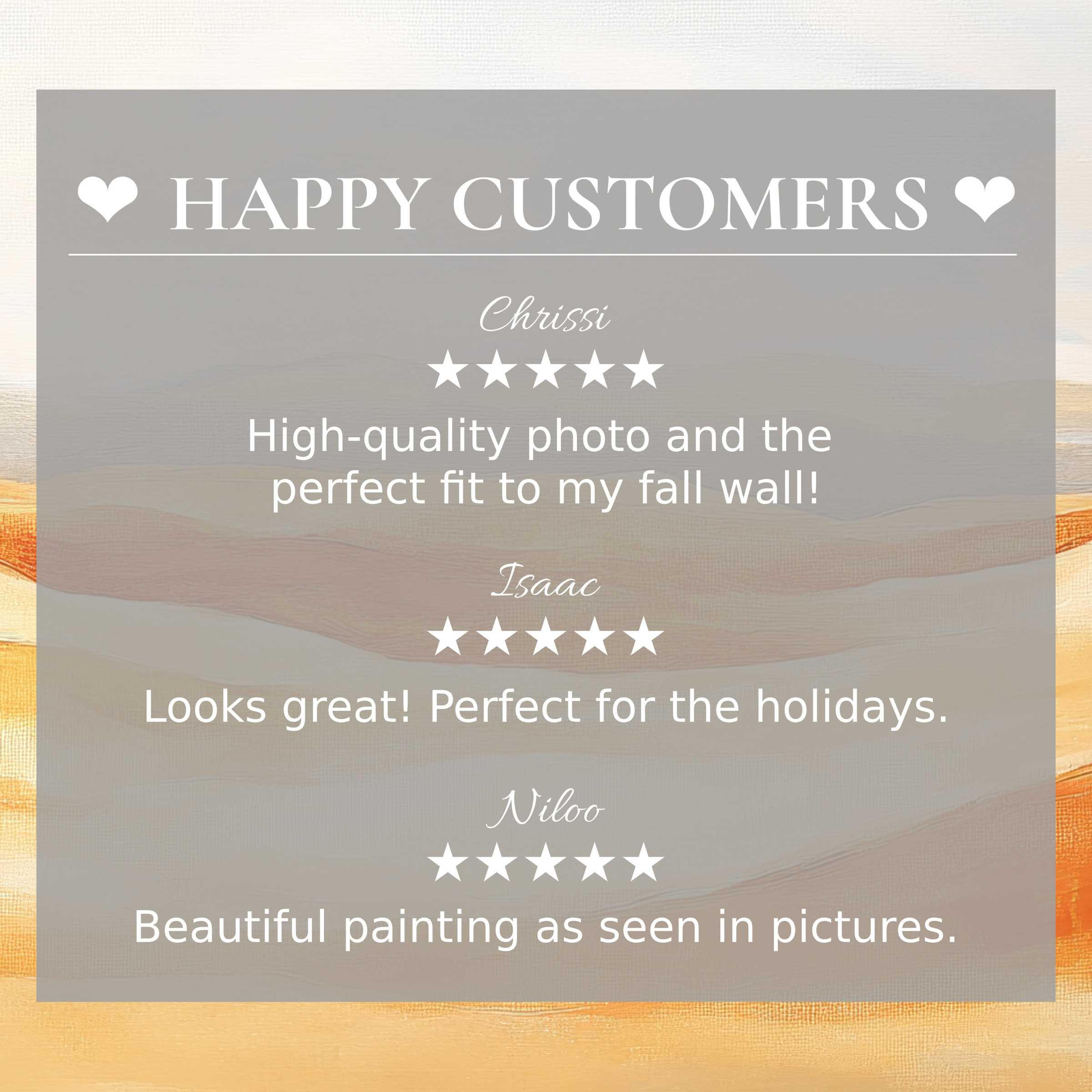 Boho art for Frame TV with abstract sunset hues, showcasing happy customer reviews and elegant, trustworthy design