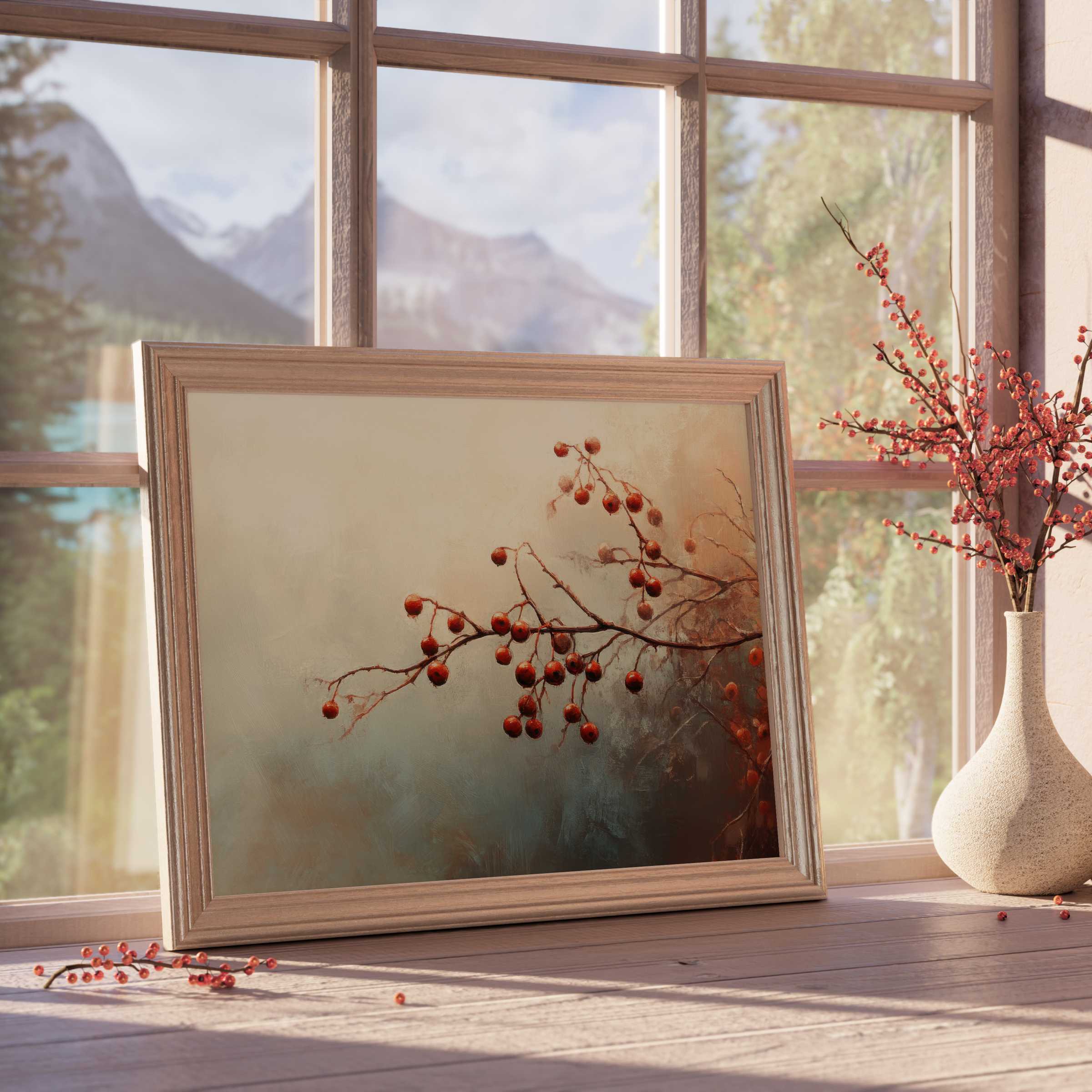 Elegant fall downloadable art featuring delicate red berries in a warm, tranquil palette, perfect for curated modern interiors