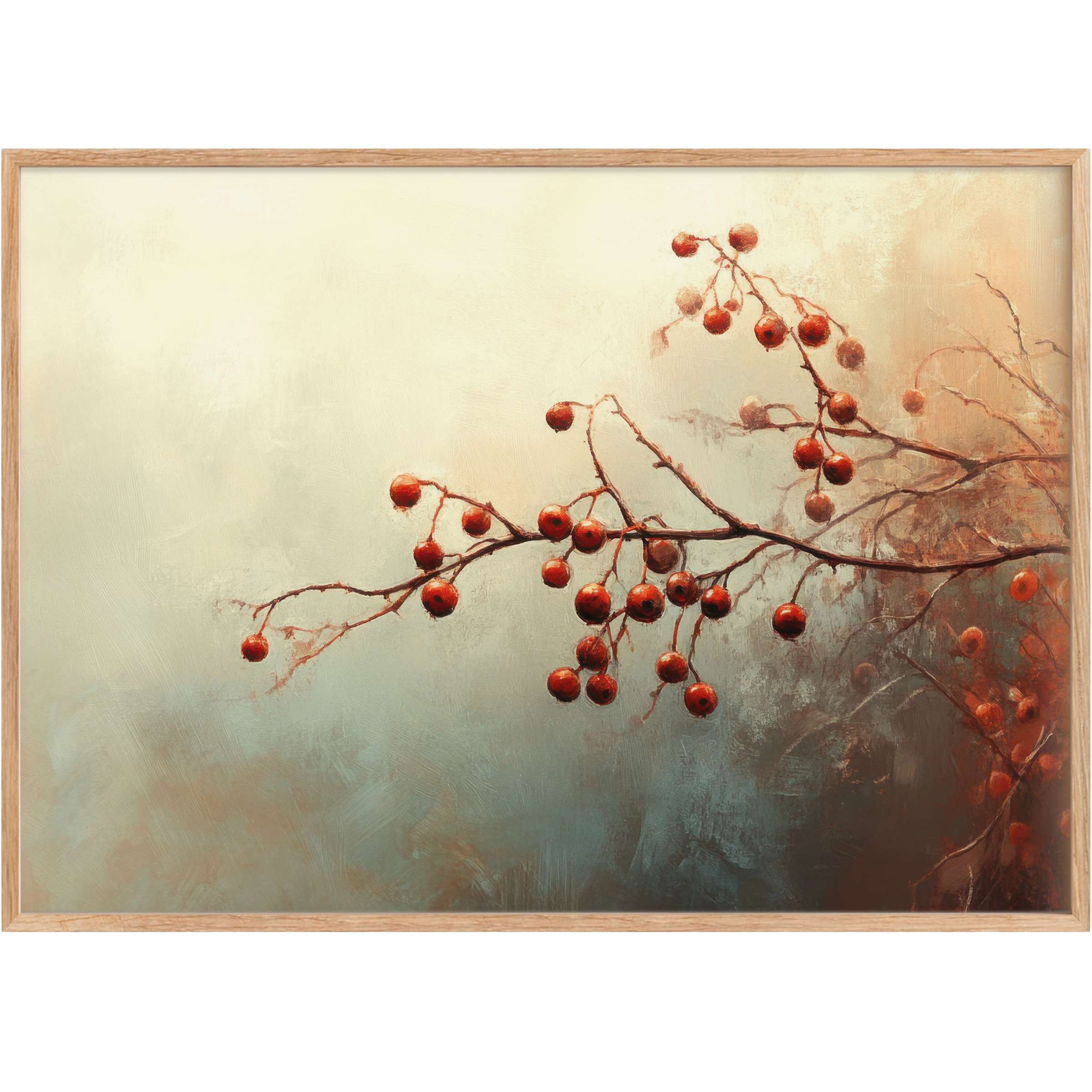 Elegant fall printable wall art featuring rich red berries on muted beige and teal, evoking a serene, warm autumn ambiance