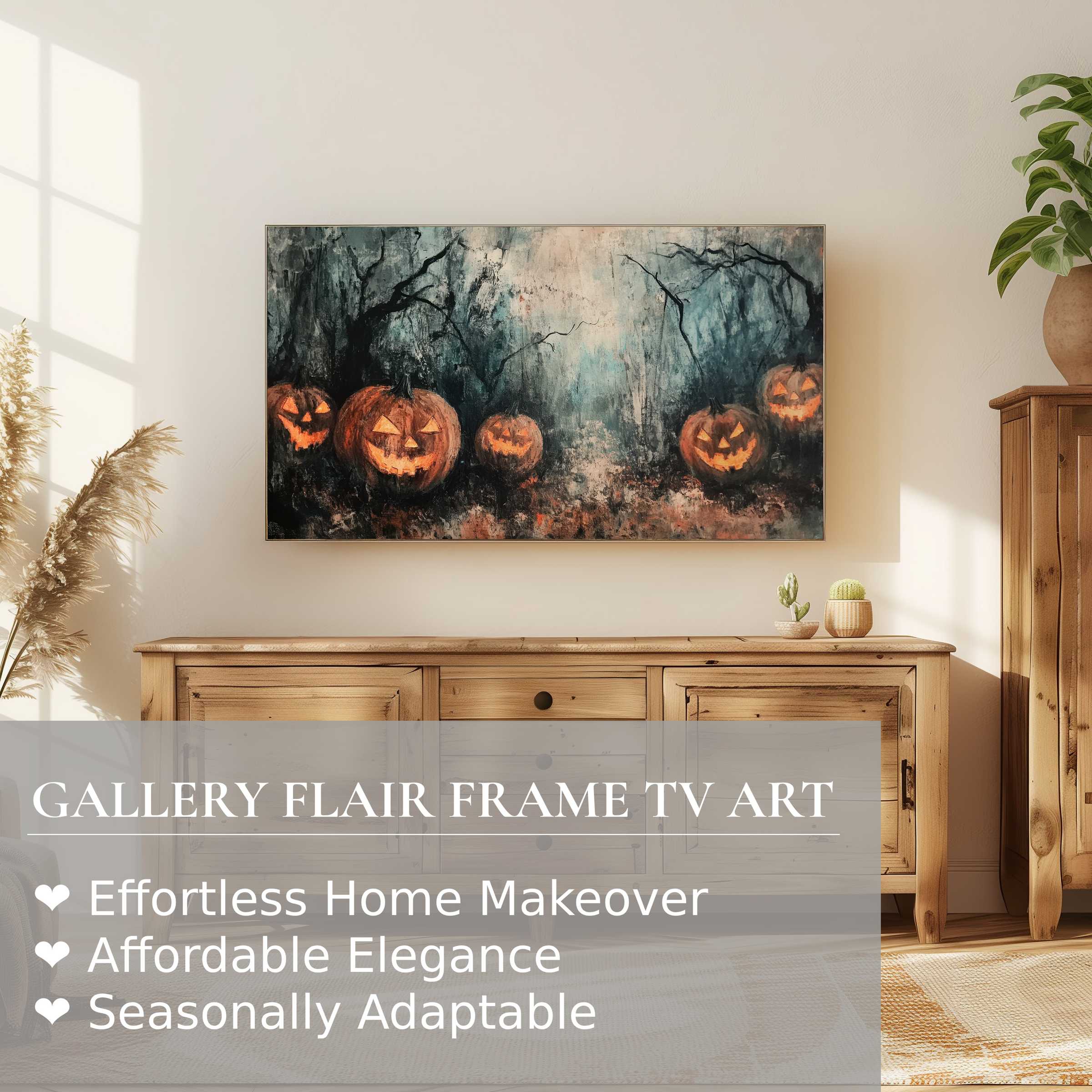 Samsung Frame TV in a modern living room displaying haunting halloween digital artwork with glowing jack-o'-lanterns