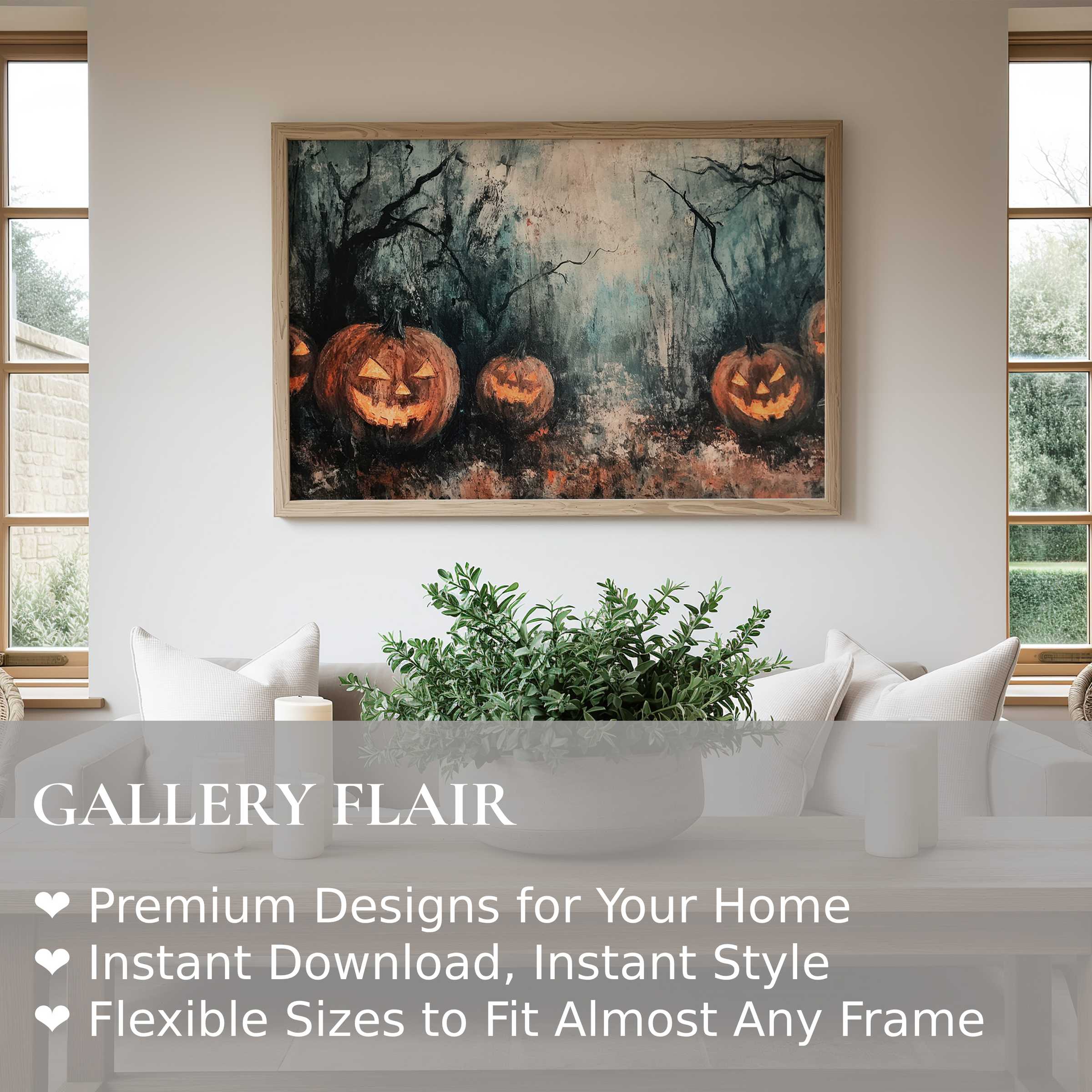 Halloween wall art print featuring eerie glowing jack-o’-lanterns amid dark, moody forest tones, elevating modern rustic interiors with bold seasonal charm