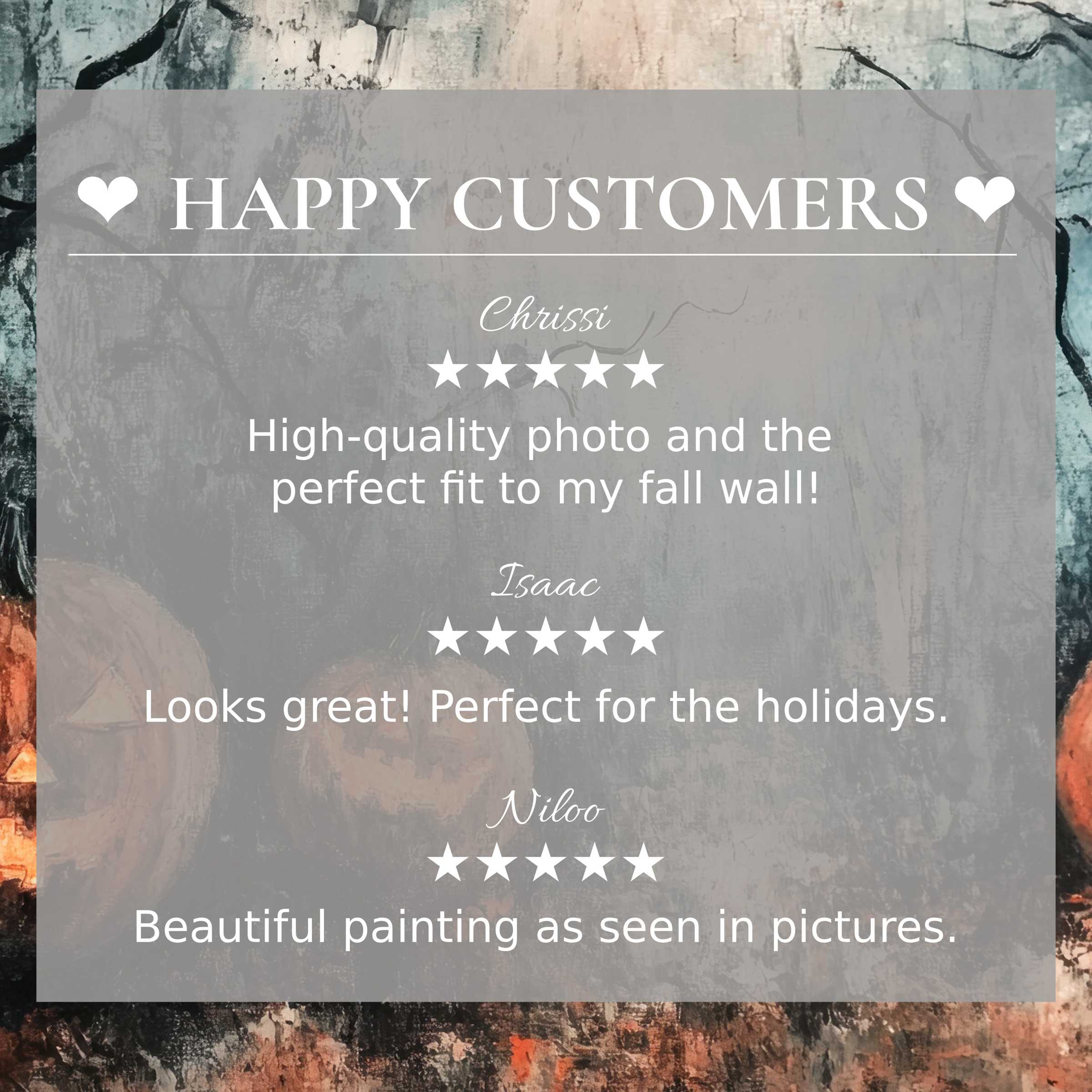Elegant halloween art for Frame TV with abstract sunset hues, featuring happy customer reviews that inspire trust