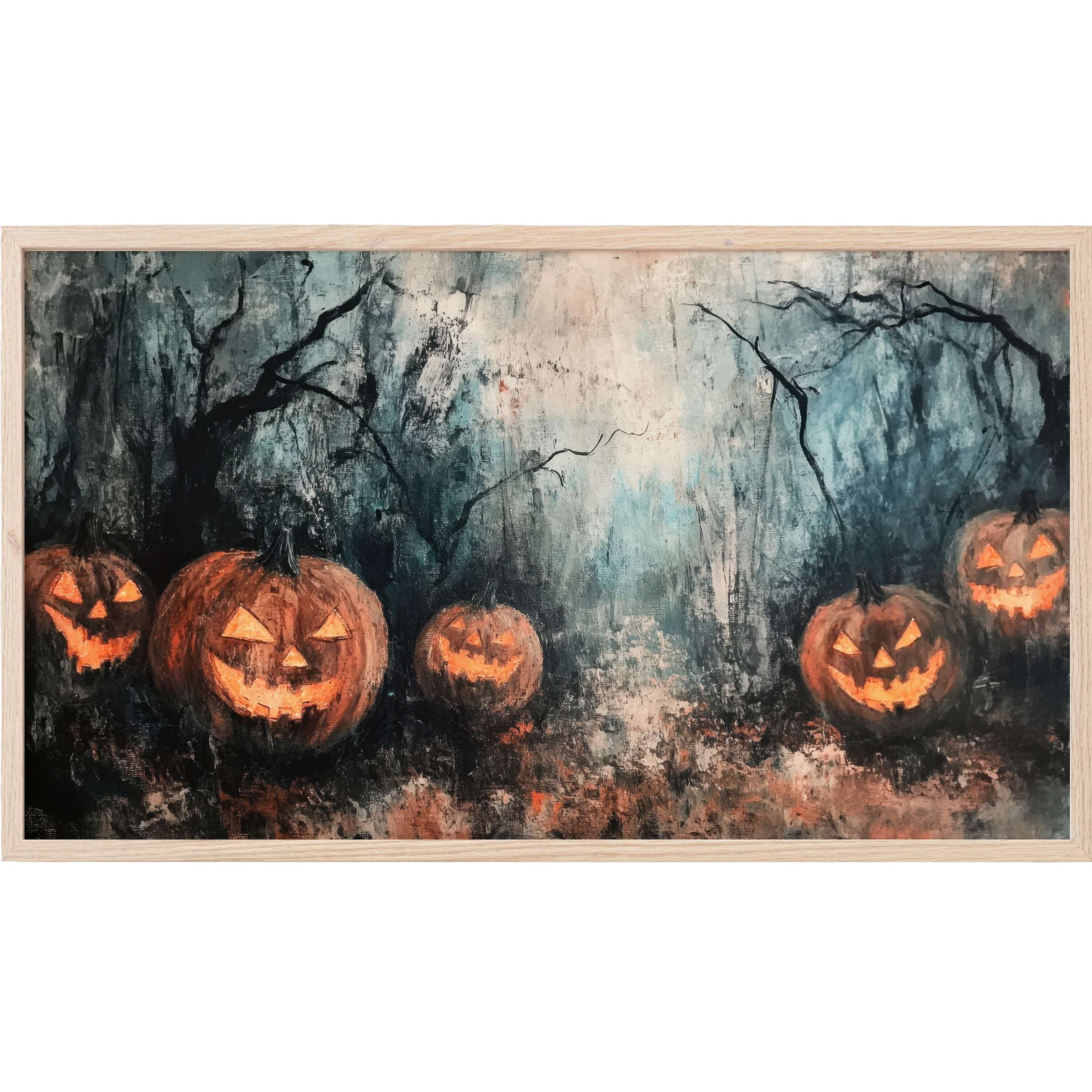 Halloween Frame TV Art depicting glowing jack-o'-lanterns in a moody, textured forest with cool blues and warm oranges
