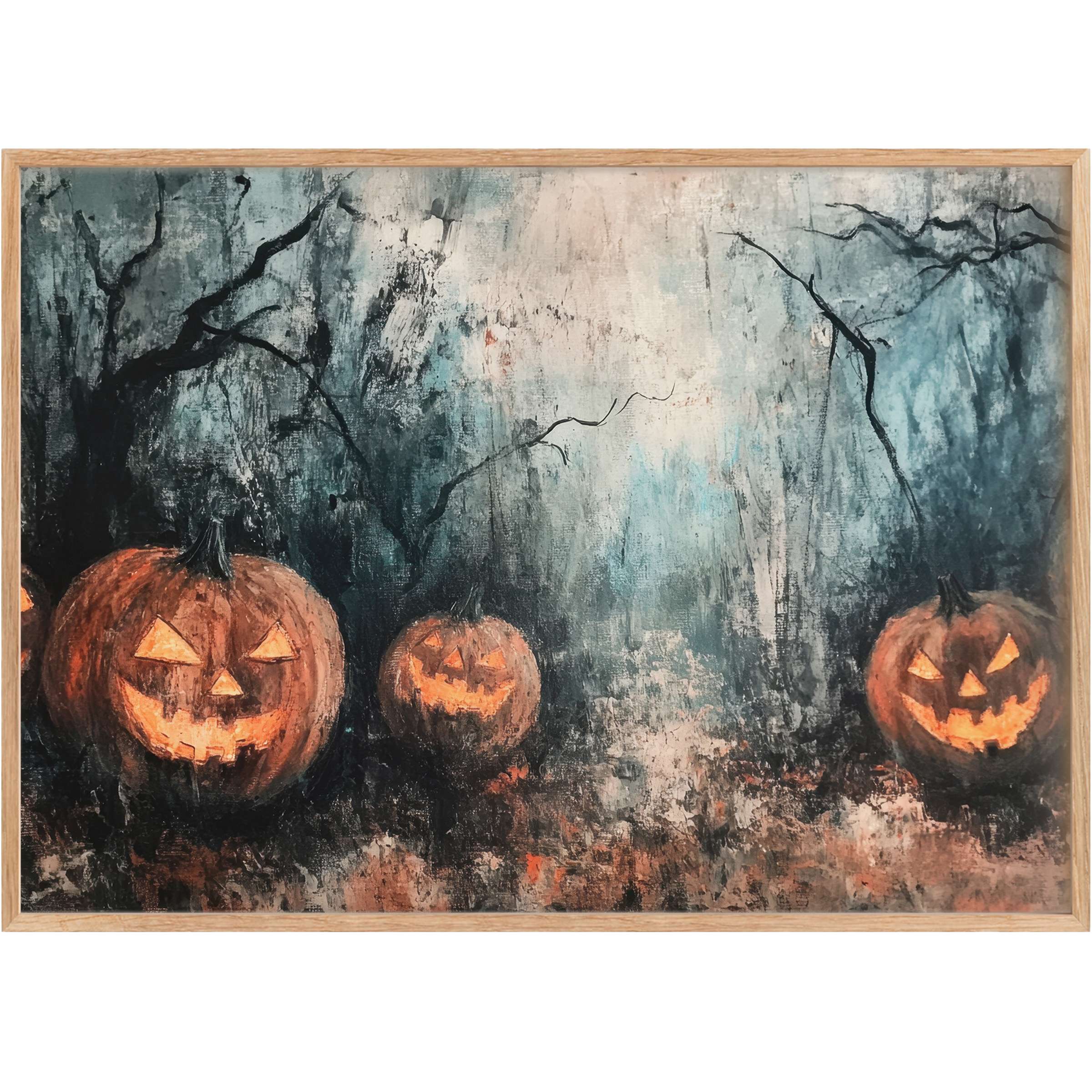 Haunting Halloween printable wall art with glowing jack-o’-lanterns amid misty blues and charred blacks, evoking eerie, mysterious charm