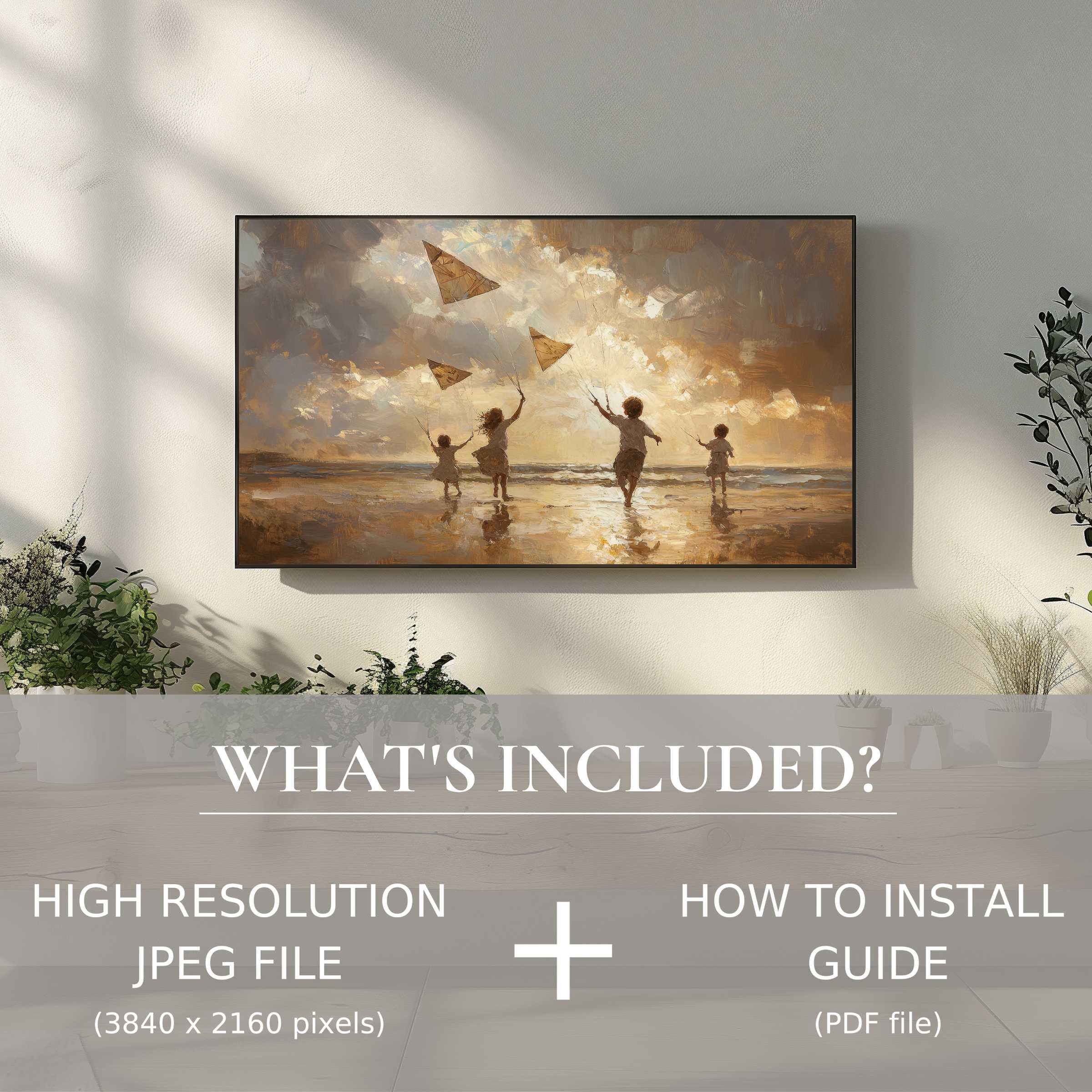 Elegant beach digital TV art download with easy digital use, enhancing your living space with warm, modern coastal charm