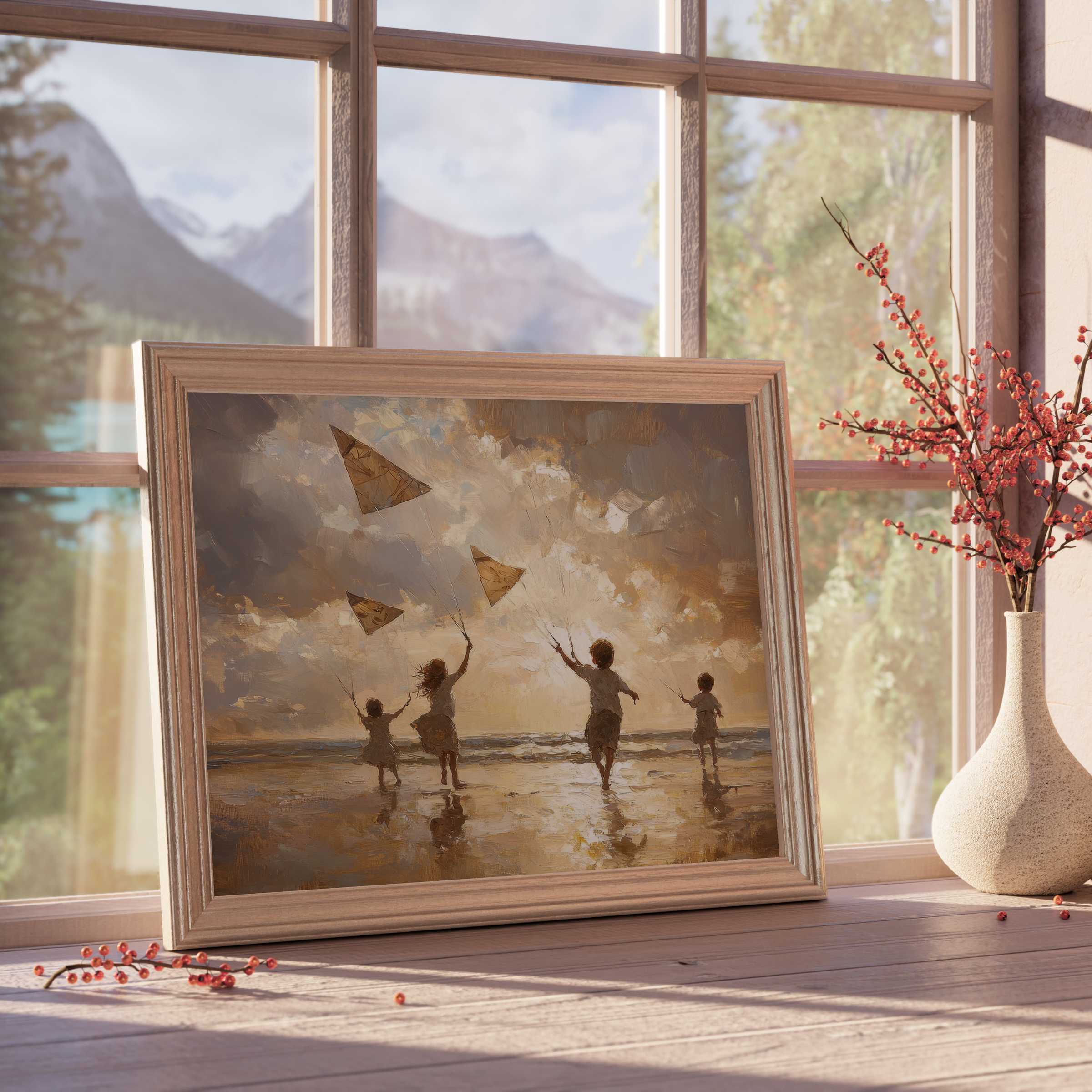 Beach downloadable art capturing joyful children flying kites at sunset, infusing serene, curated spaces with warm coastal charm