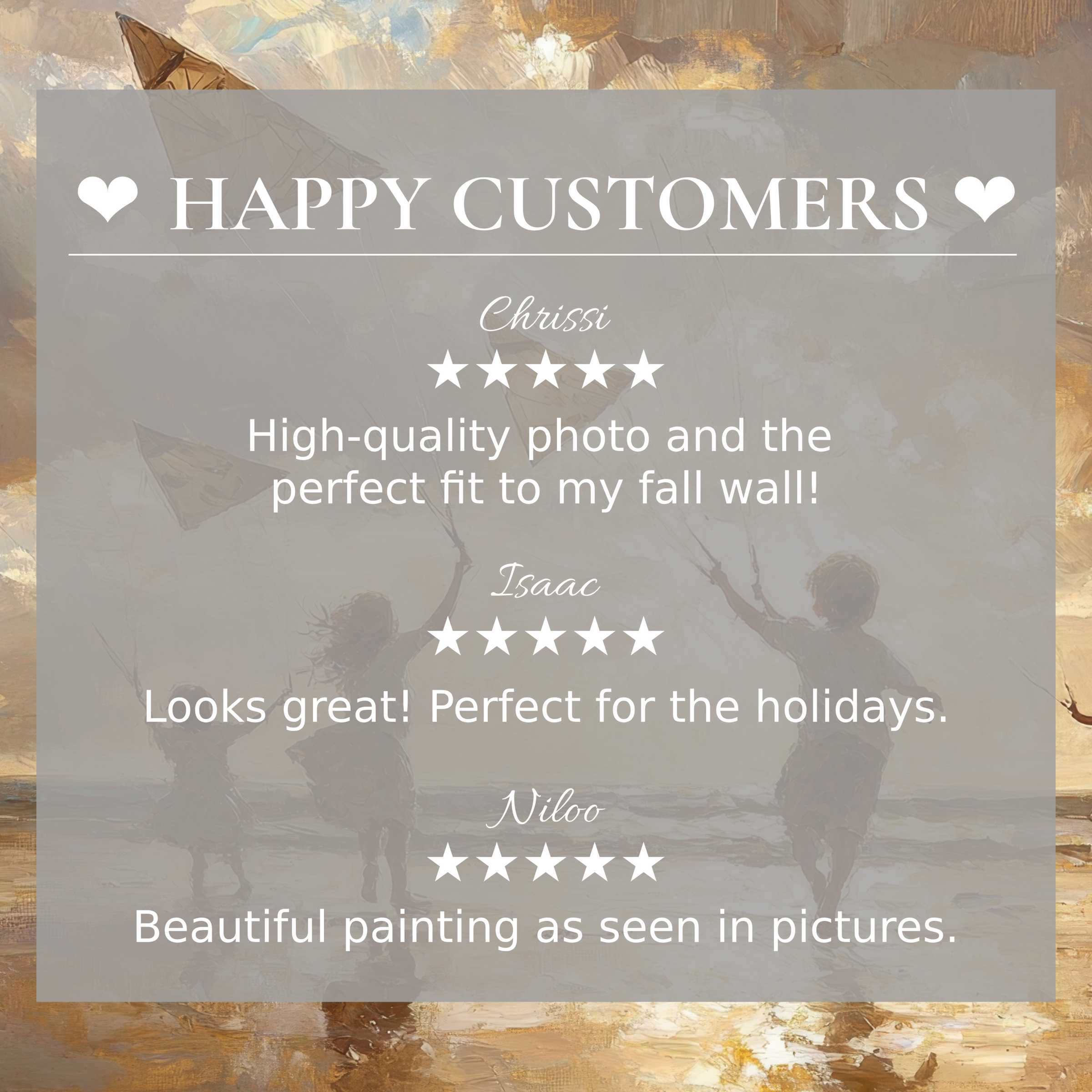 Happy customer reviews overlay elegant beach art for Frame TV with serene abstract sunset tones, inspiring trust and style