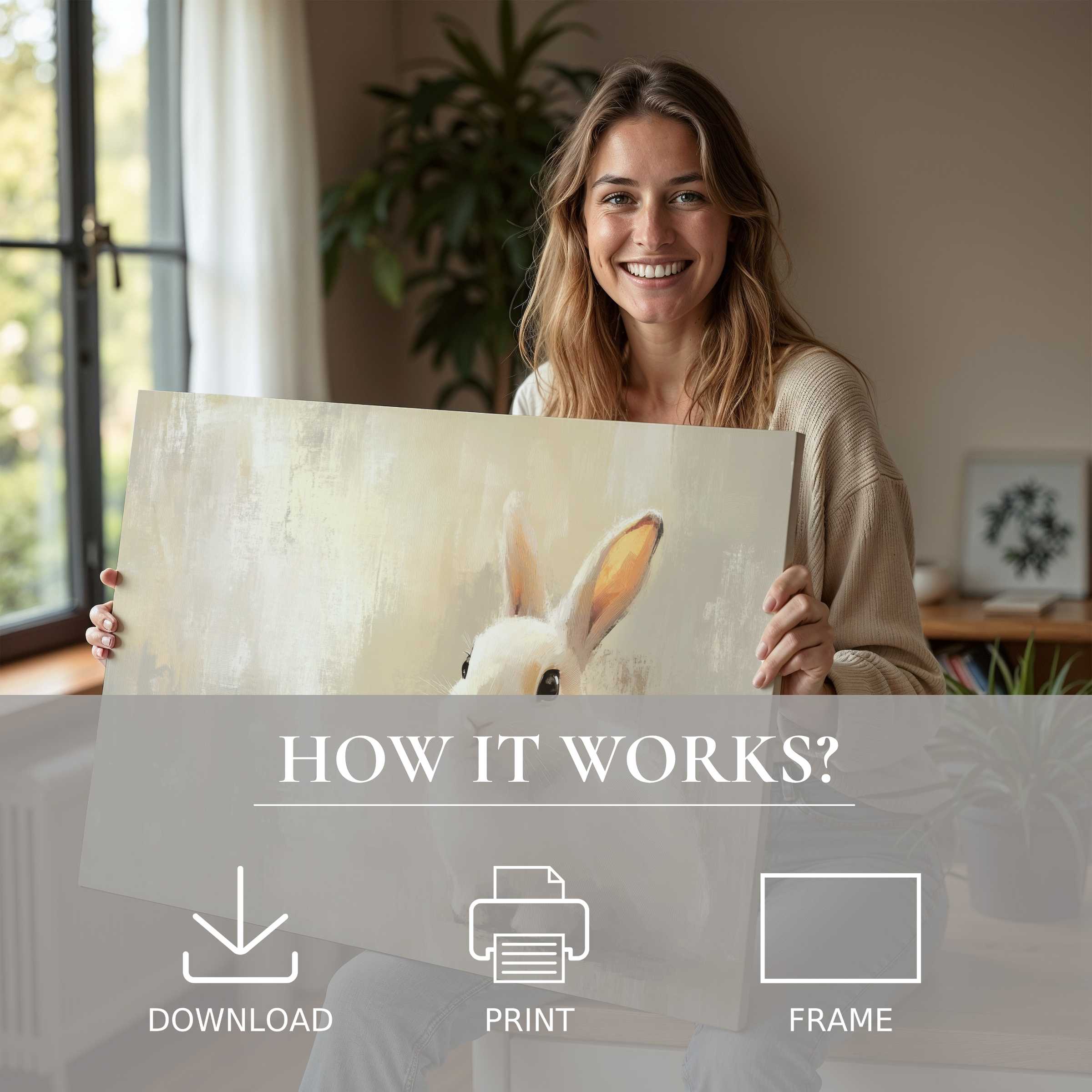 Bright Easter digital art print radiates warmth and joy in a modern, serene home, celebrating effortless artful living