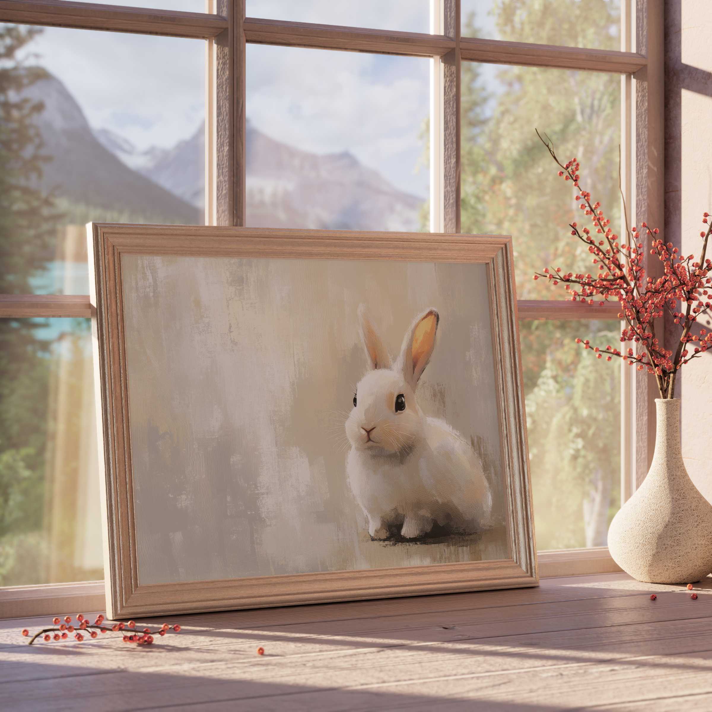 Elegant easter downloadable art featuring a serene white bunny, perfect for elevating tranquil, curated modern interiors with warm, natural light