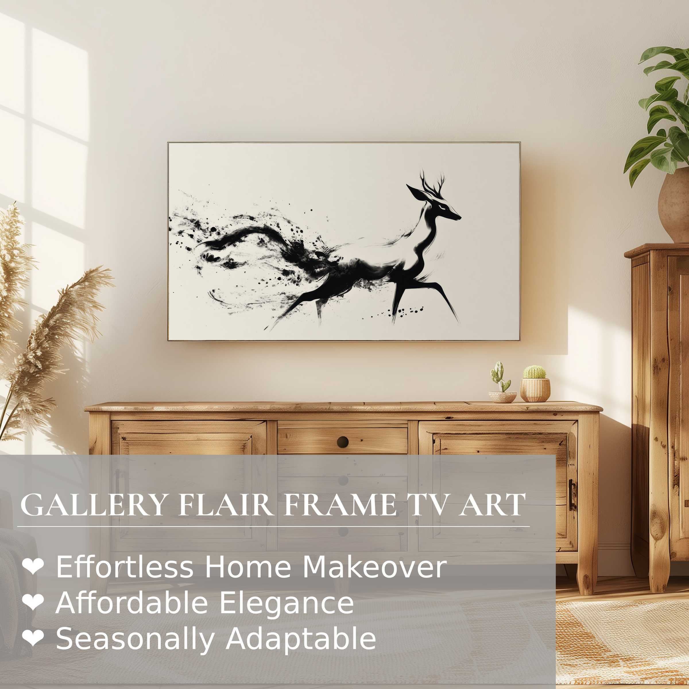 Samsung Frame TV displaying elegant black and white digital artwork of a dynamic deer in a modern, sunlit setting