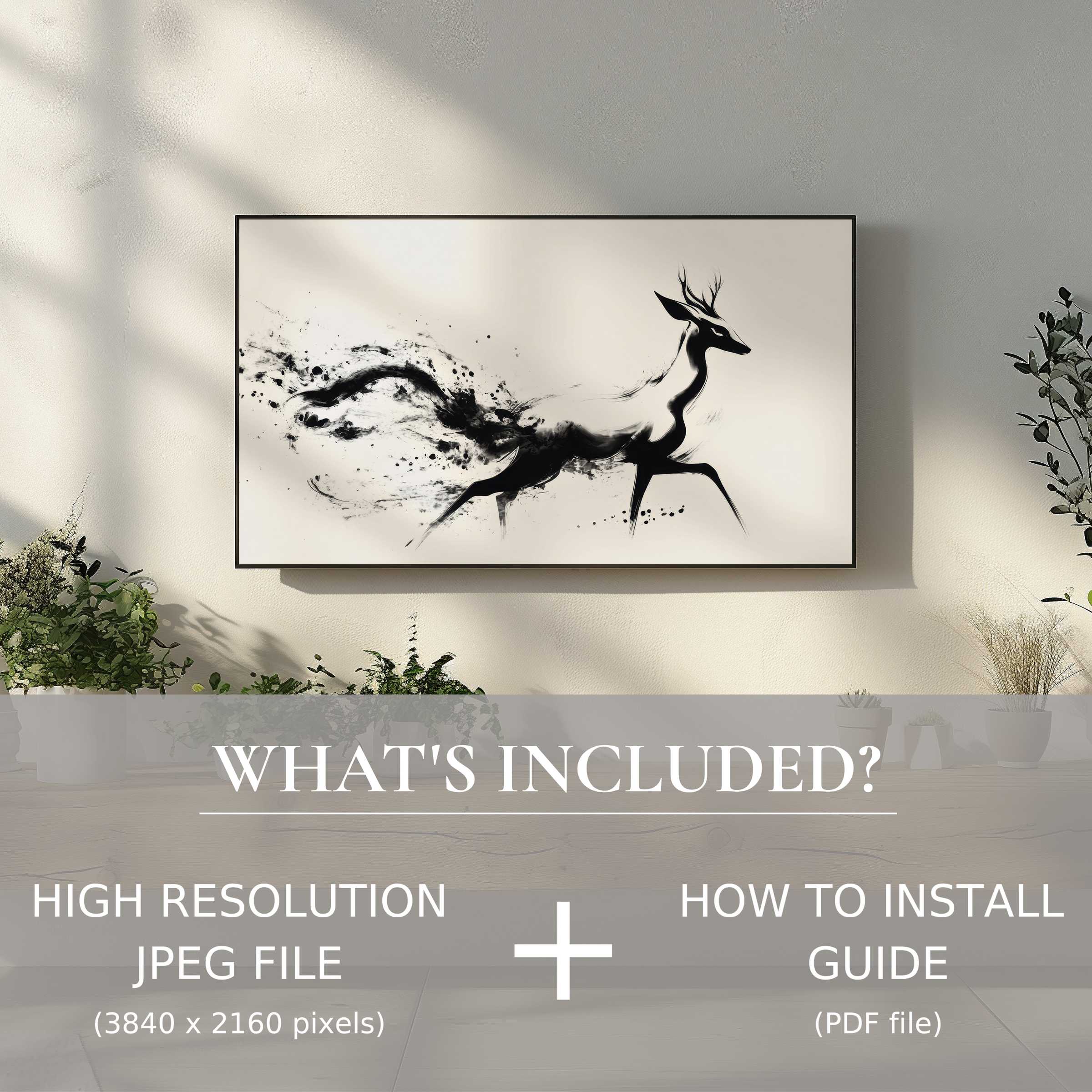 Elegant black and white digital TV art download of a deer, easy to use, enhancing any stylish living space