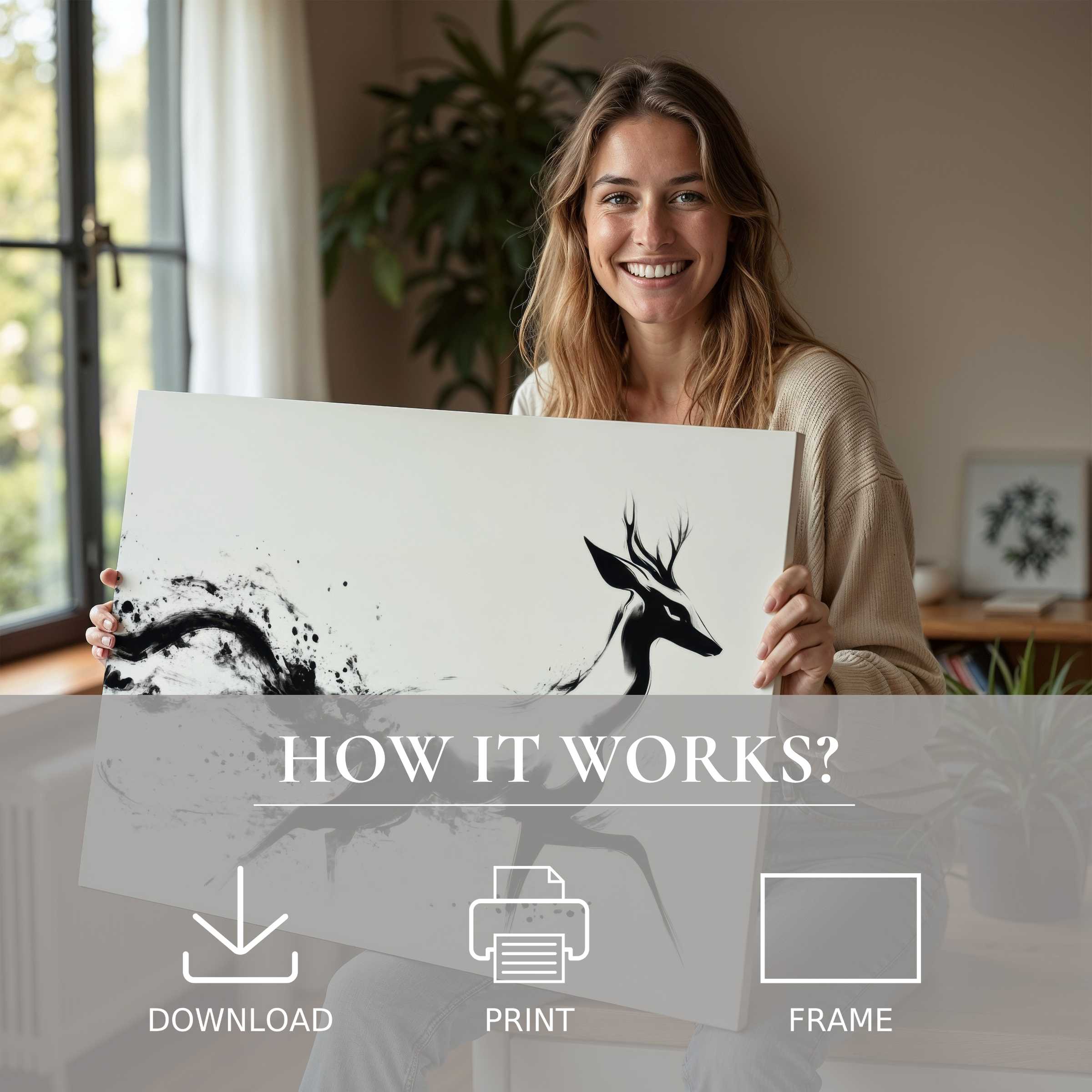 A joyful moment of connection captured as a woman gently embraces a black and white digital art print, infusing her serene, sunlit home with subtle elegance and timeless beauty