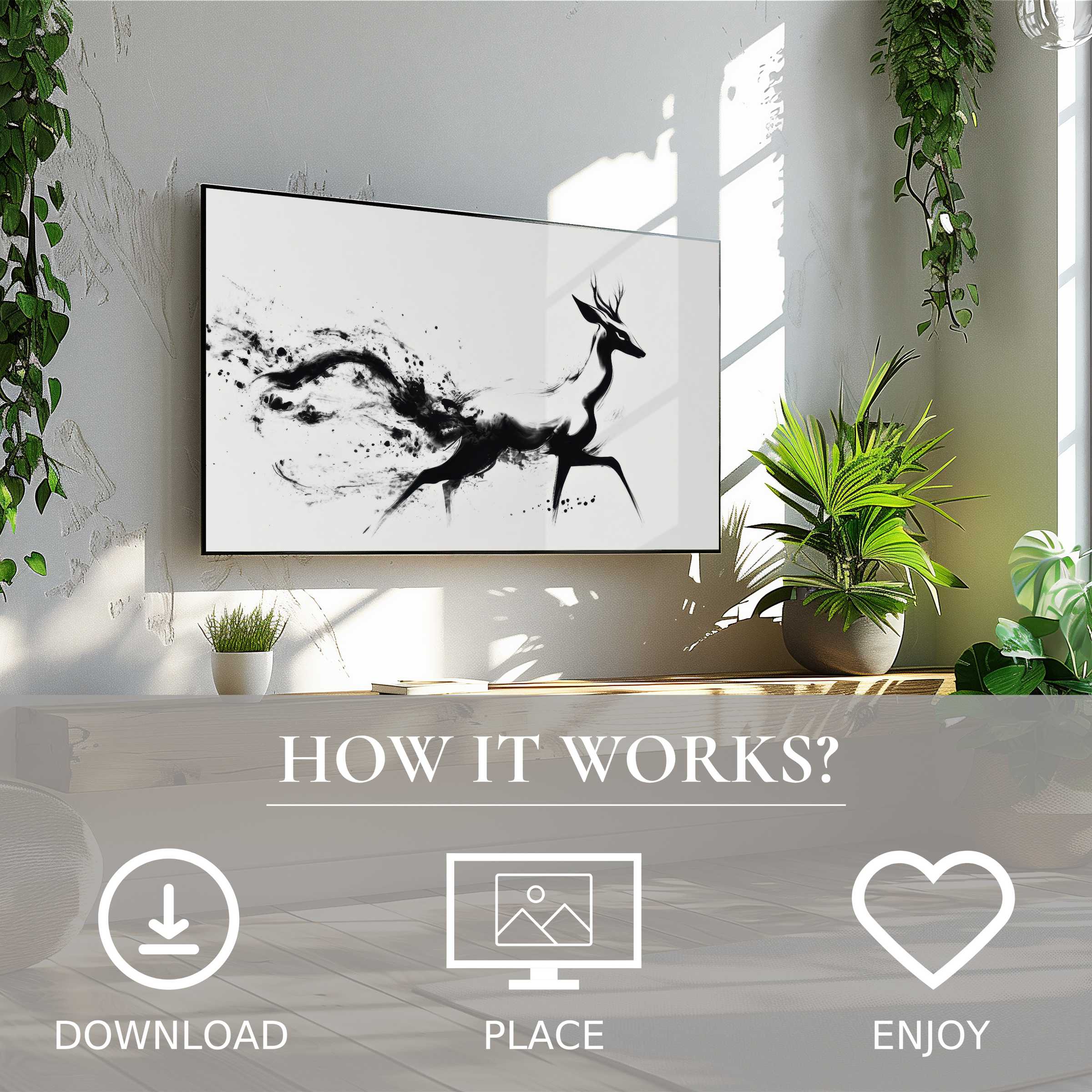 Black and white art for Samsung TV shows fluid deer motif, easy digital download enriches modern, green-filled living space
