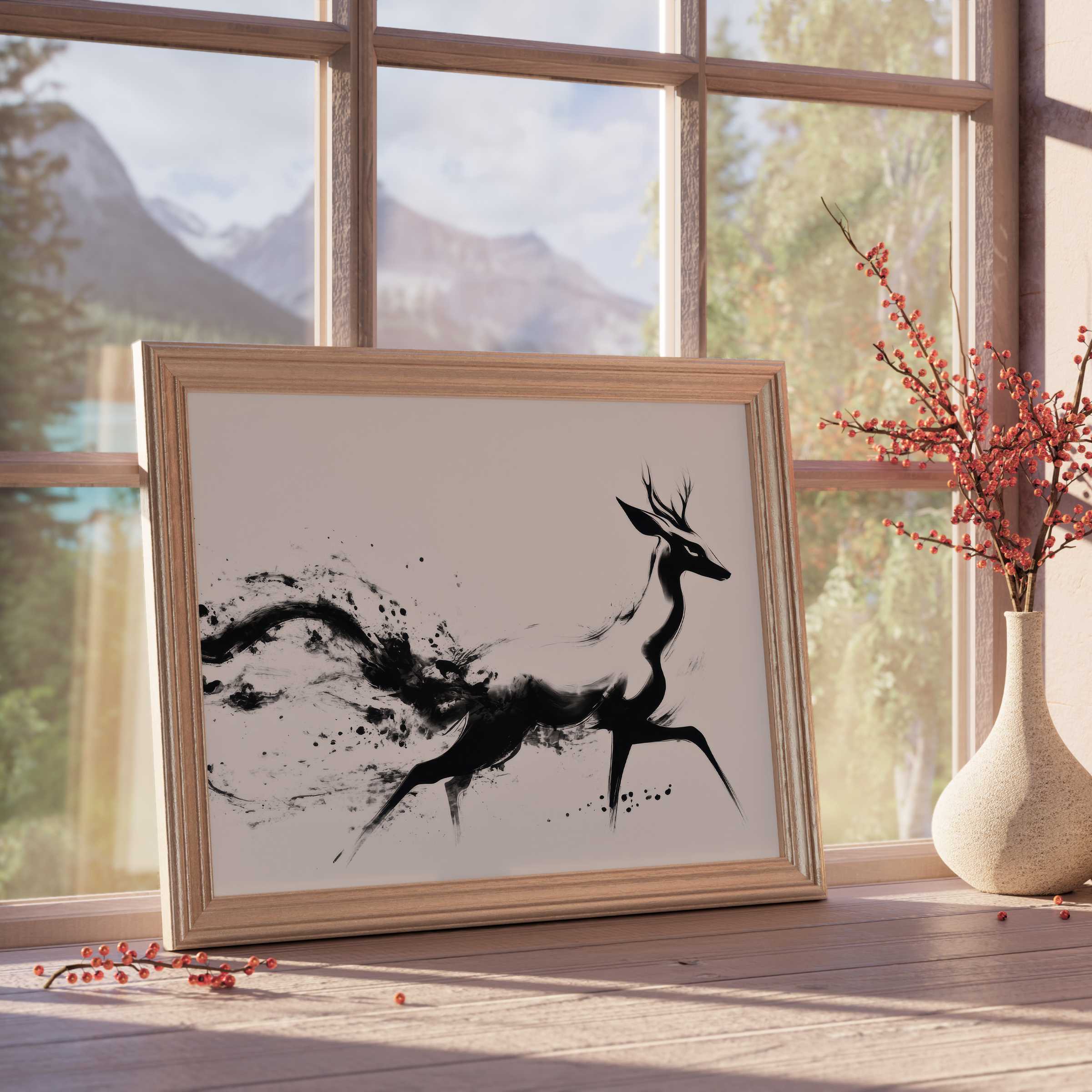 Elegant black and white downloadable art of a graceful deer in fluid motion, perfect for curated, tranquil interiors