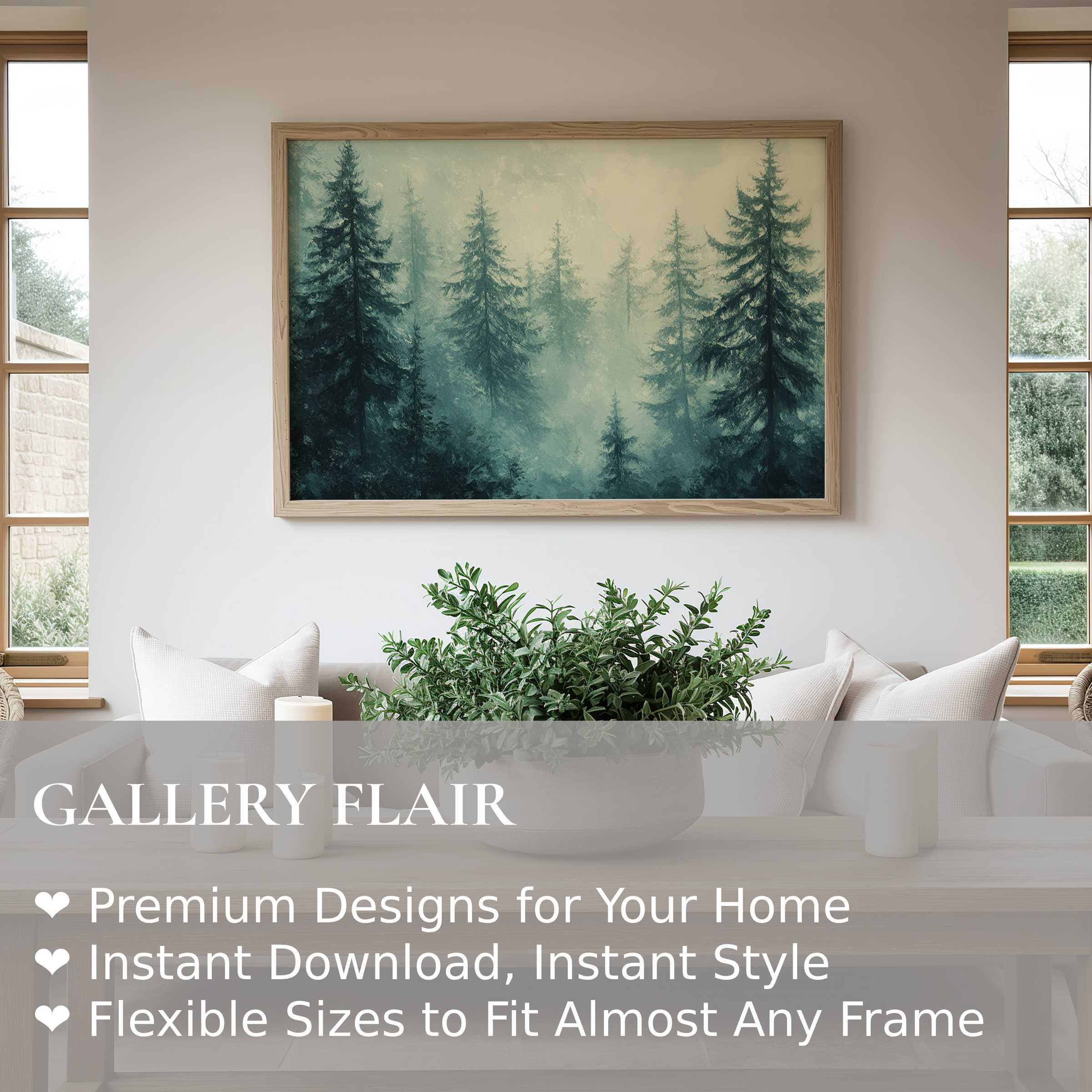 Botanical wall art print featuring serene misty pine forest in soft, calming hues, enhancing modern minimalist living spaces with natural elegance