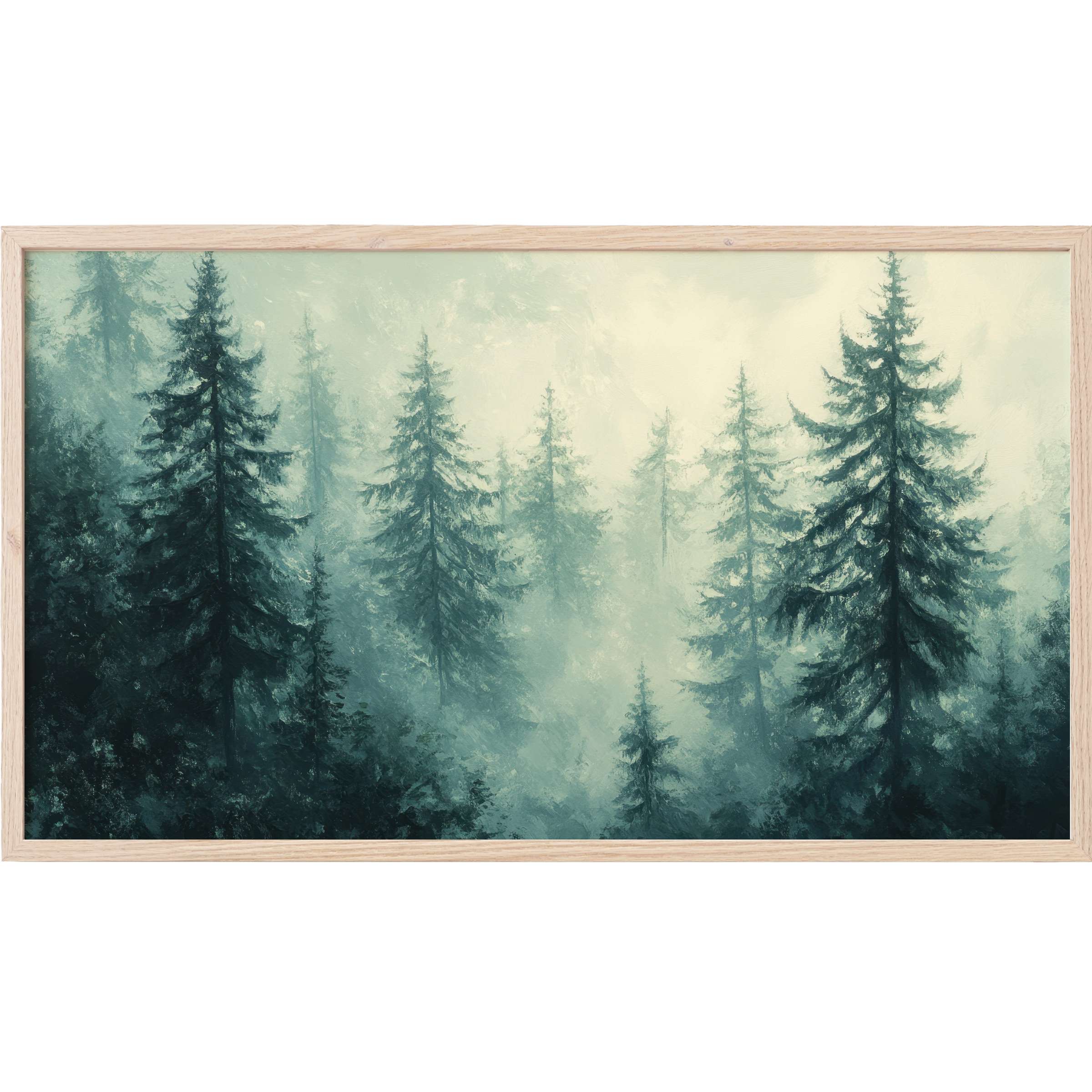 Serene misty pine forest in muted greens and blues, framed elegantly for botanical Frame TV Art with modern appeal