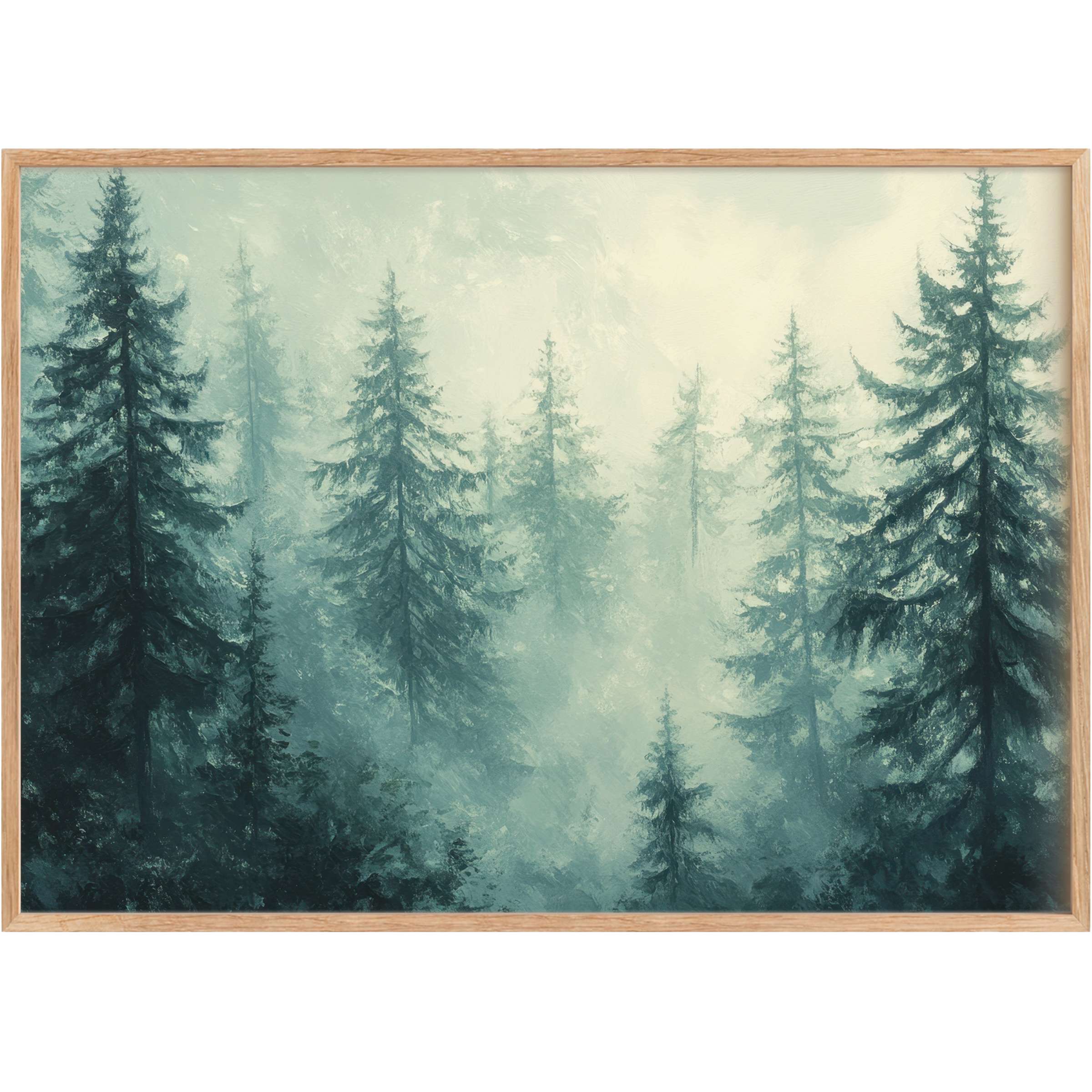 Botanical printable wall art capturing serene pine forests in misty teal and soft green hues, evoking calm and elegant tranquility