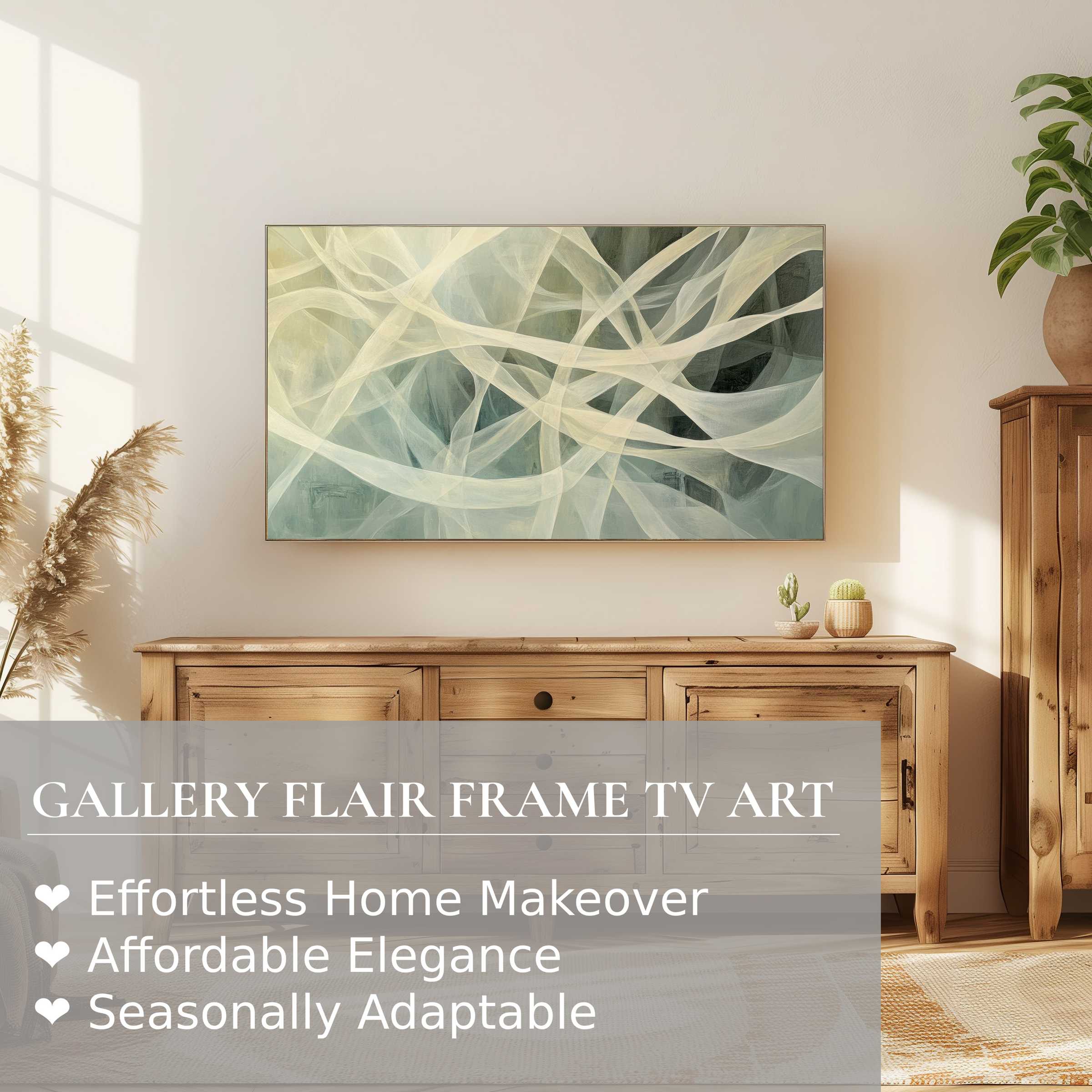 Samsung Frame TV showcasing elegant, airy abstract digital artwork in a warm, modern, nature-inspired living room