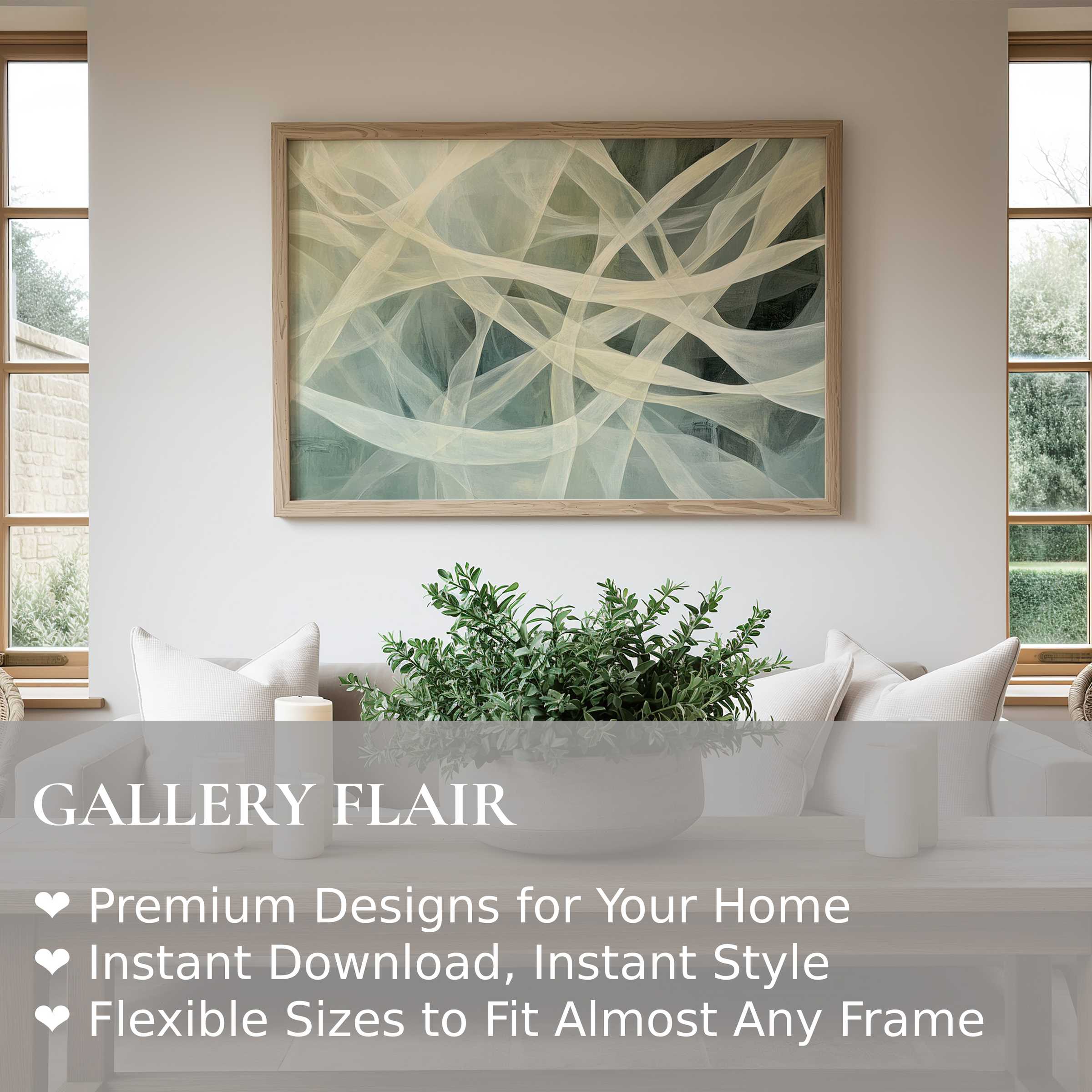 Abstract wall art print with ethereal intertwining light beige and green lines, enhancing serene modern minimalist living rooms with calming sophistication
