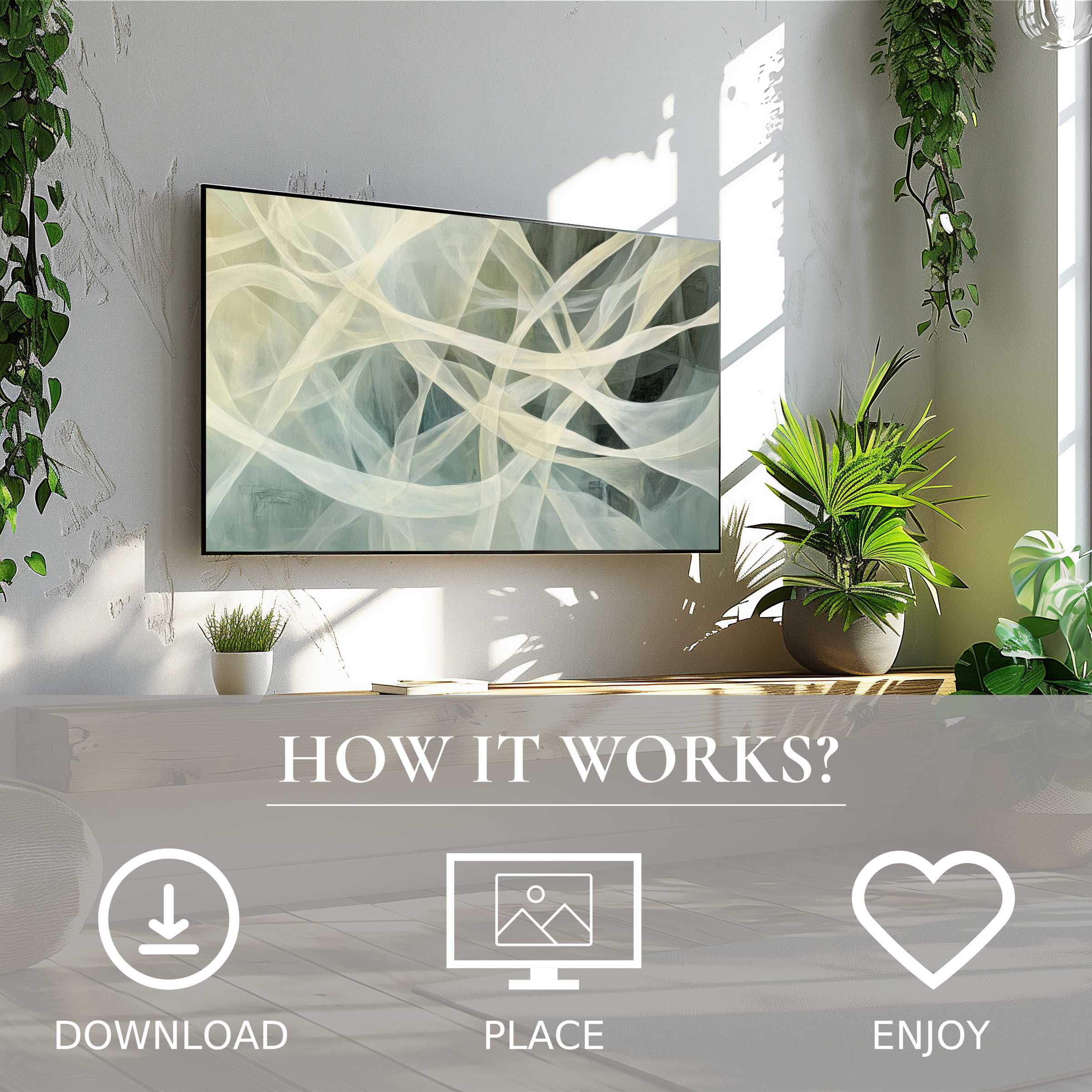 Abstract art for Samsung TV with soft flowing tones, simple digital download enriching modern living spaces