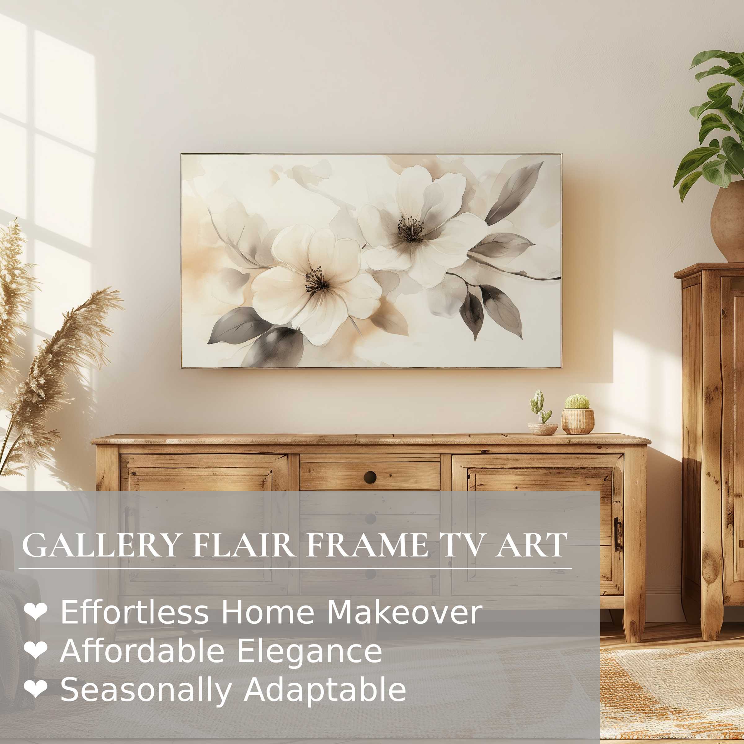 Samsung Frame TV displaying neutral digital artwork with soft florals, perfect for elegant modern home decor