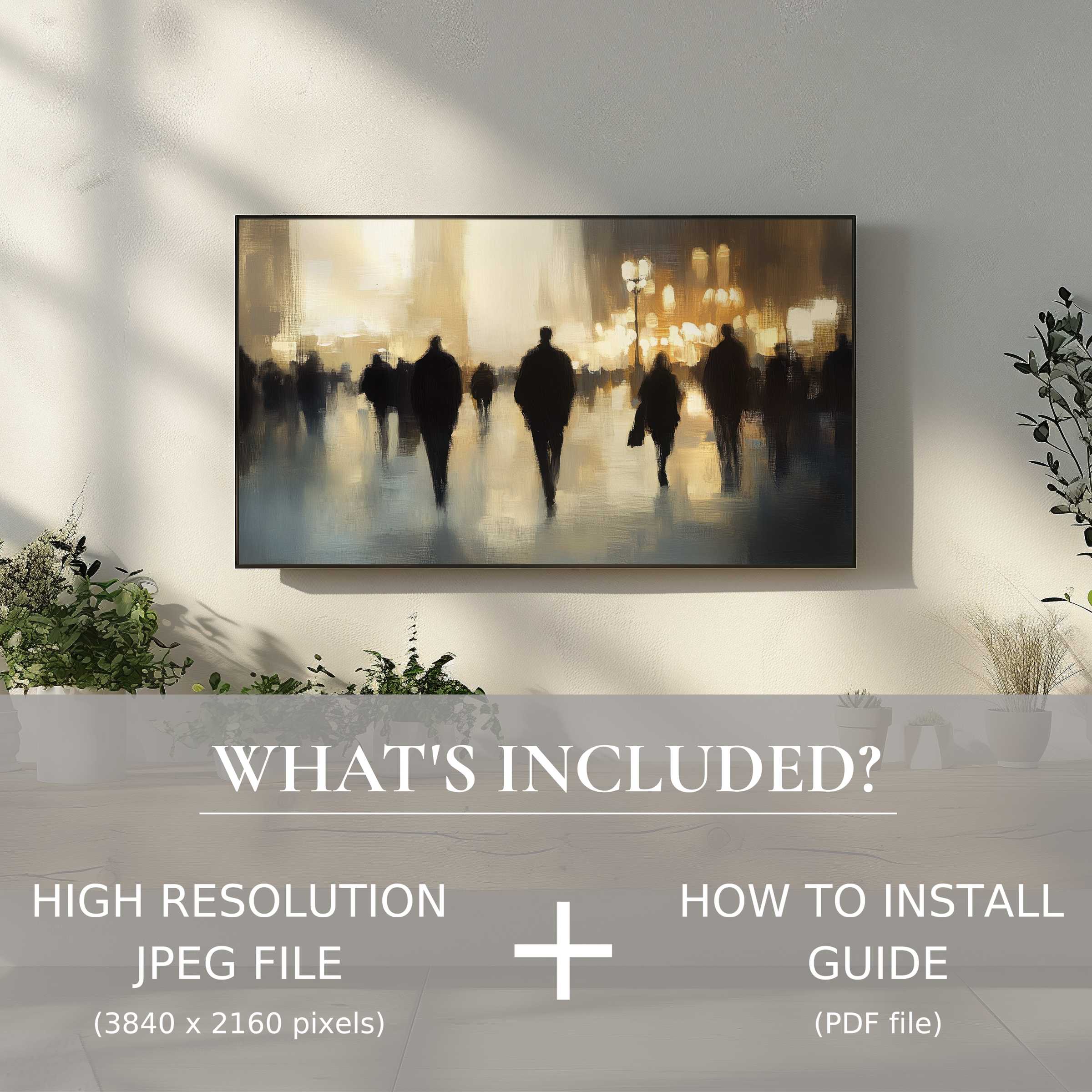 Elegant urban digital TV art download enhances living space with easy digital use, featuring silhouettes in warm city light