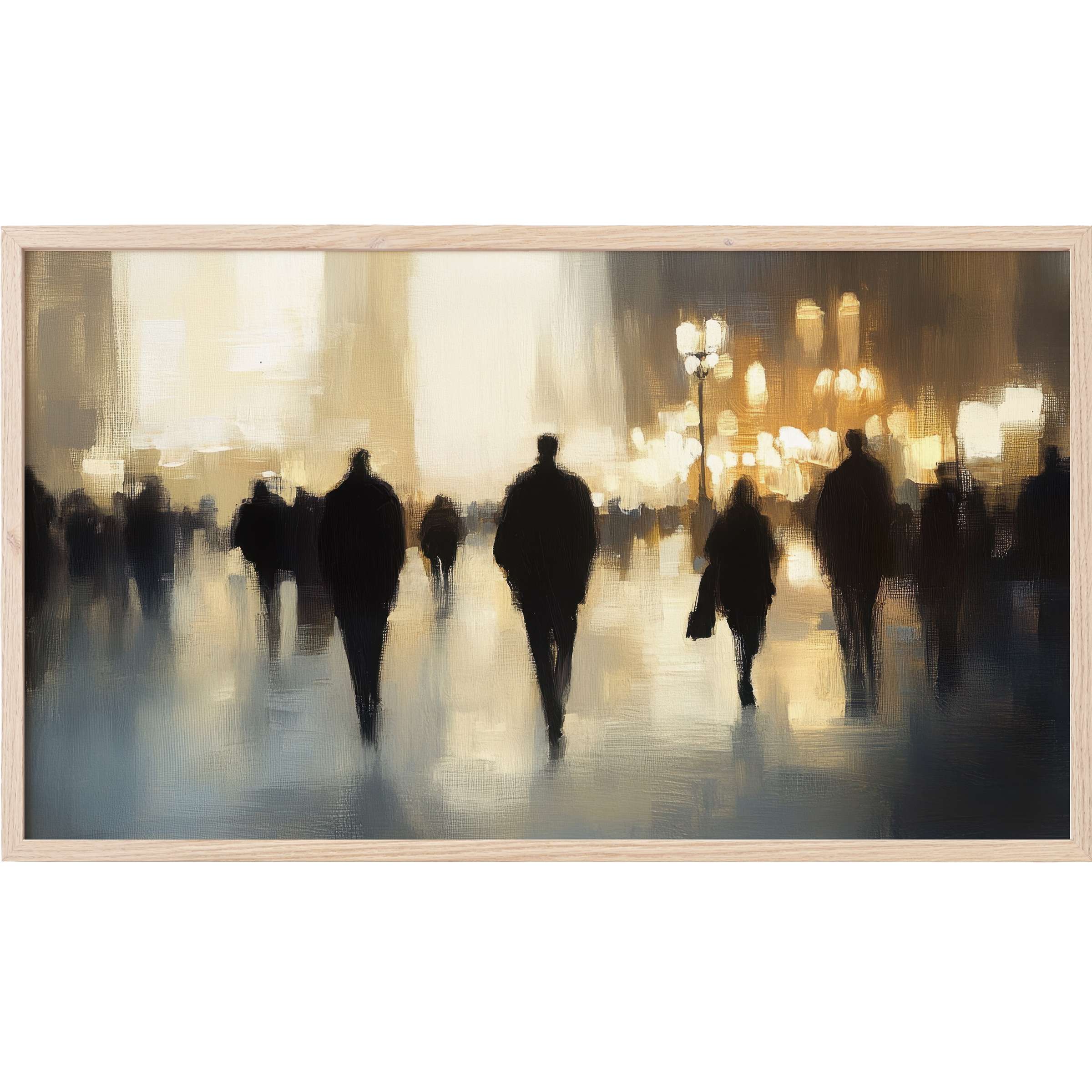 Urban silhouettes in muted gold and grey hues blend softly in this elegant urban Frame TV Art