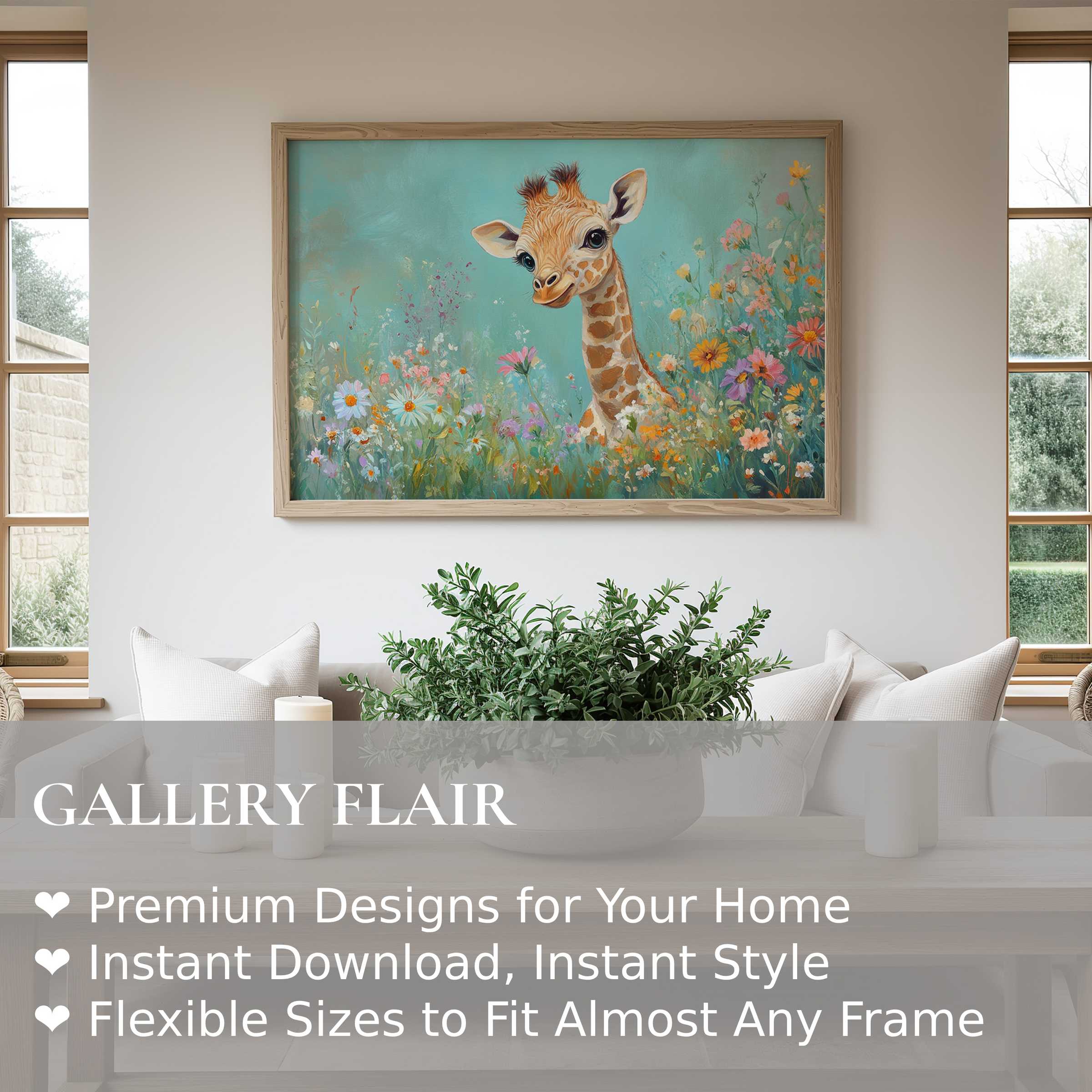 Charming nursery wall art print of a radiant baby giraffe amid soft, colorful wildflowers enhances serene, modern nursery décor