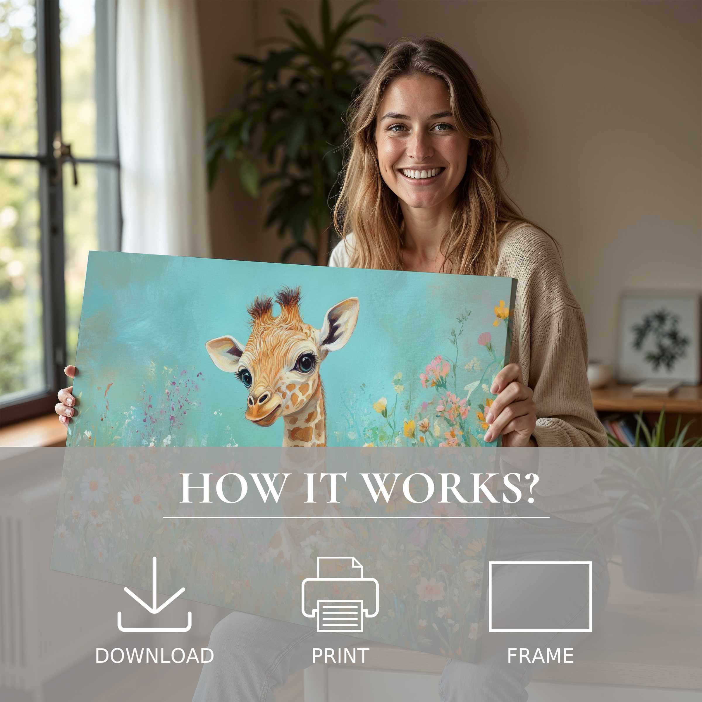 A radiant moment of joy unveils the nursery digital art print, where whimsical pastels and gentle brushstrokes invite warmth and serenity into a refined modern home