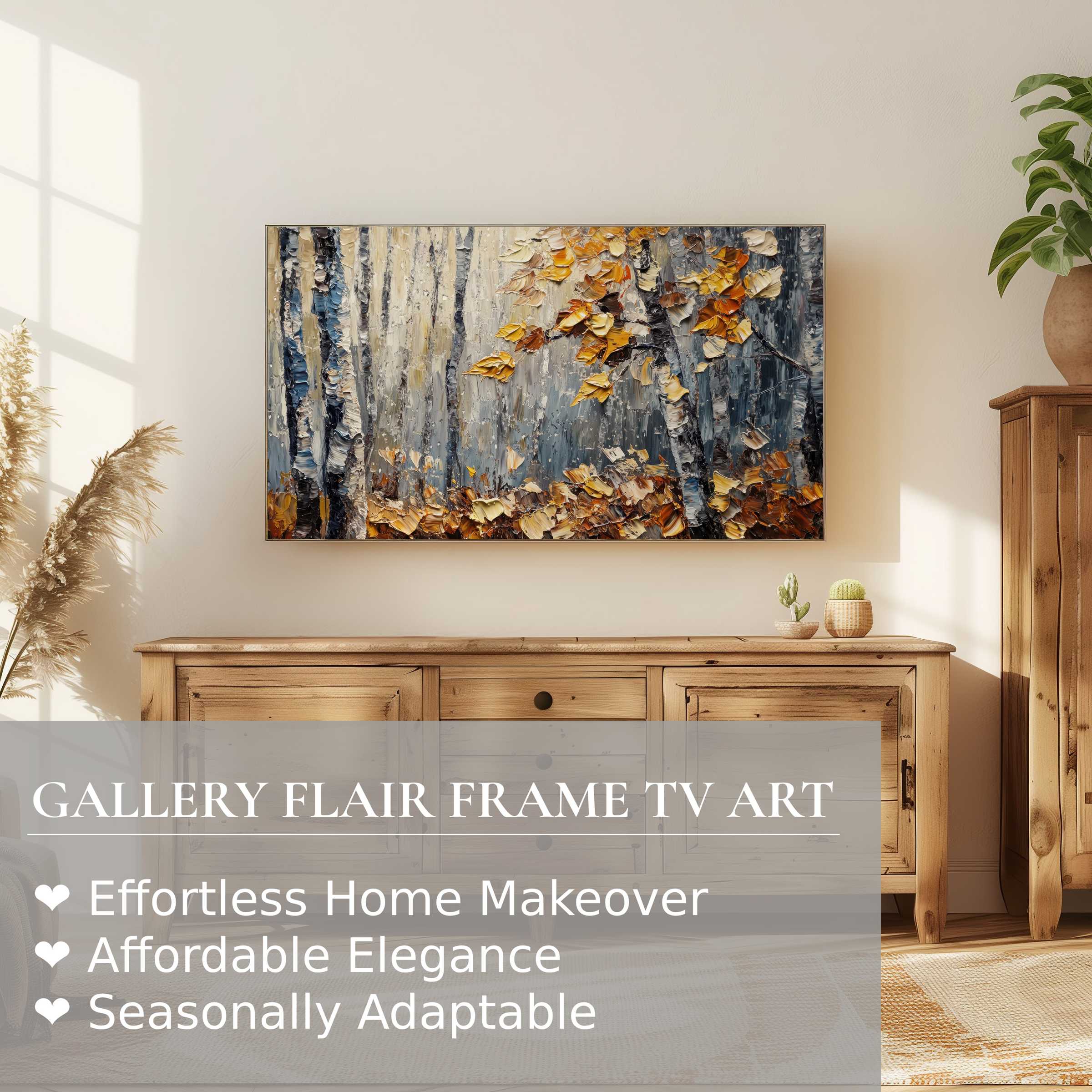 Elegant living room featuring Samsung Frame TV with warm, textured tree digital artwork in modern rustic decor setting