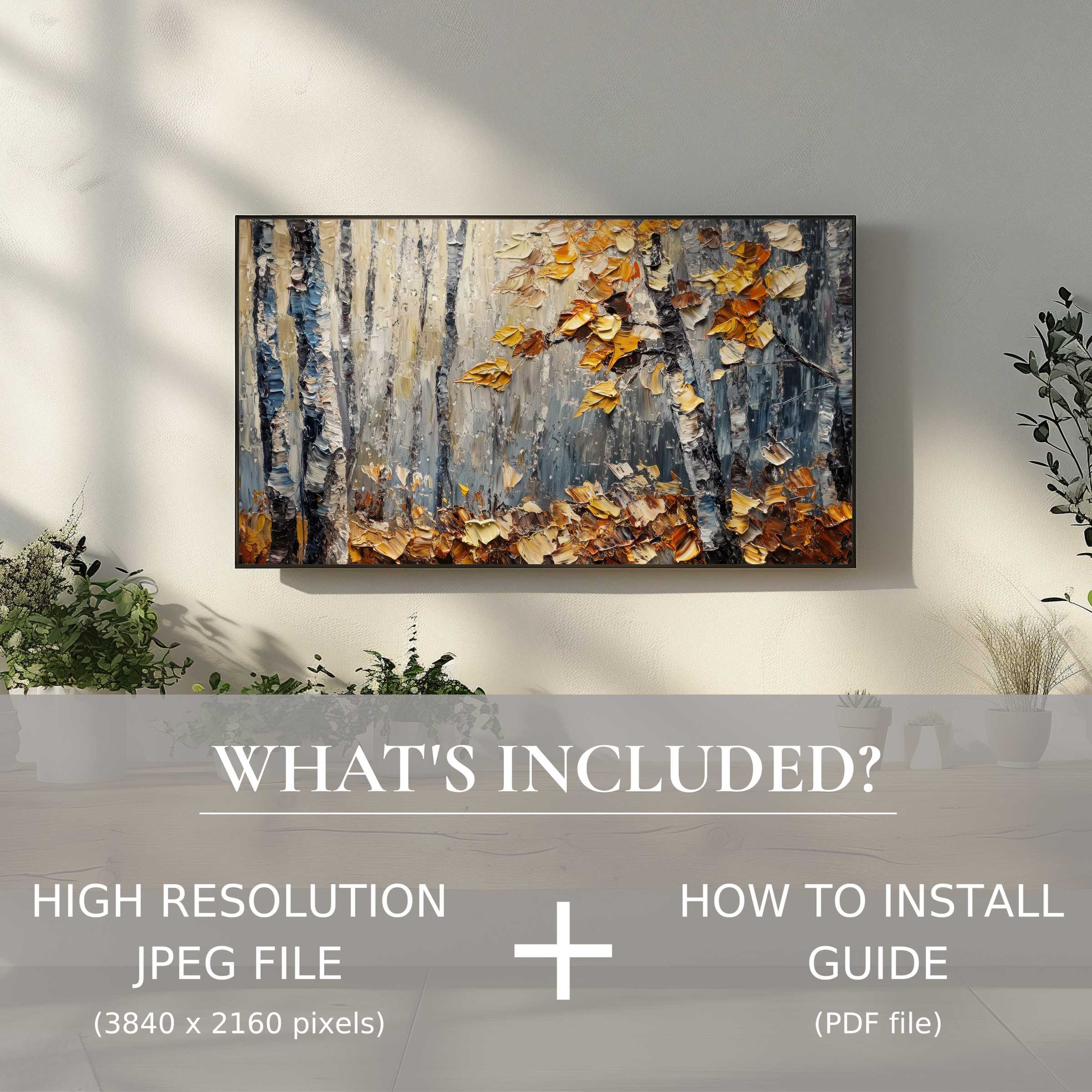 Elegant tree digital TV art download enhances modern living space with easy digital use and vibrant autumn tones