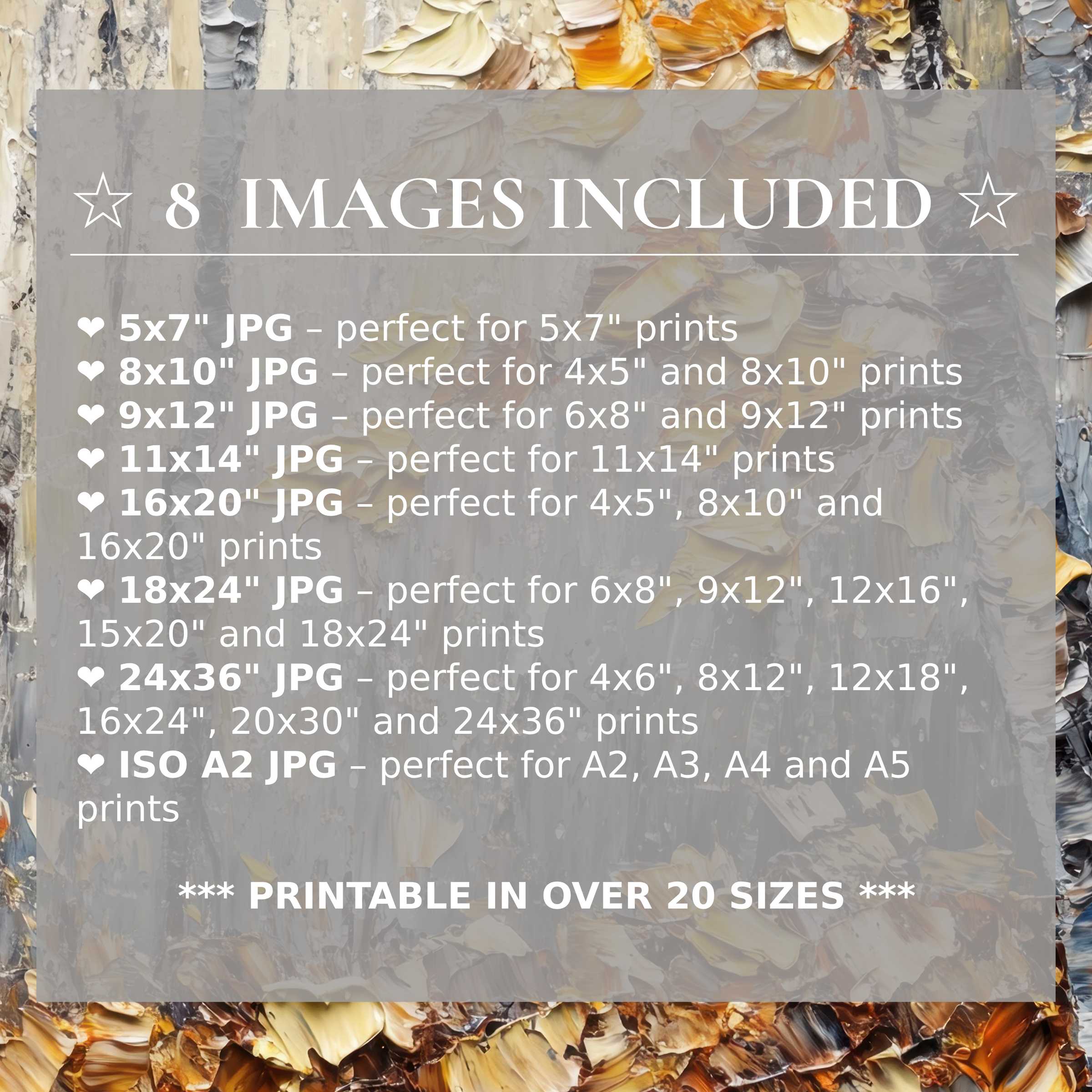 Print size guide showing 8 included JPG formats for versatile wall art printing – perfect for framing in popular sizes from 5x7 to 24x36 and A2