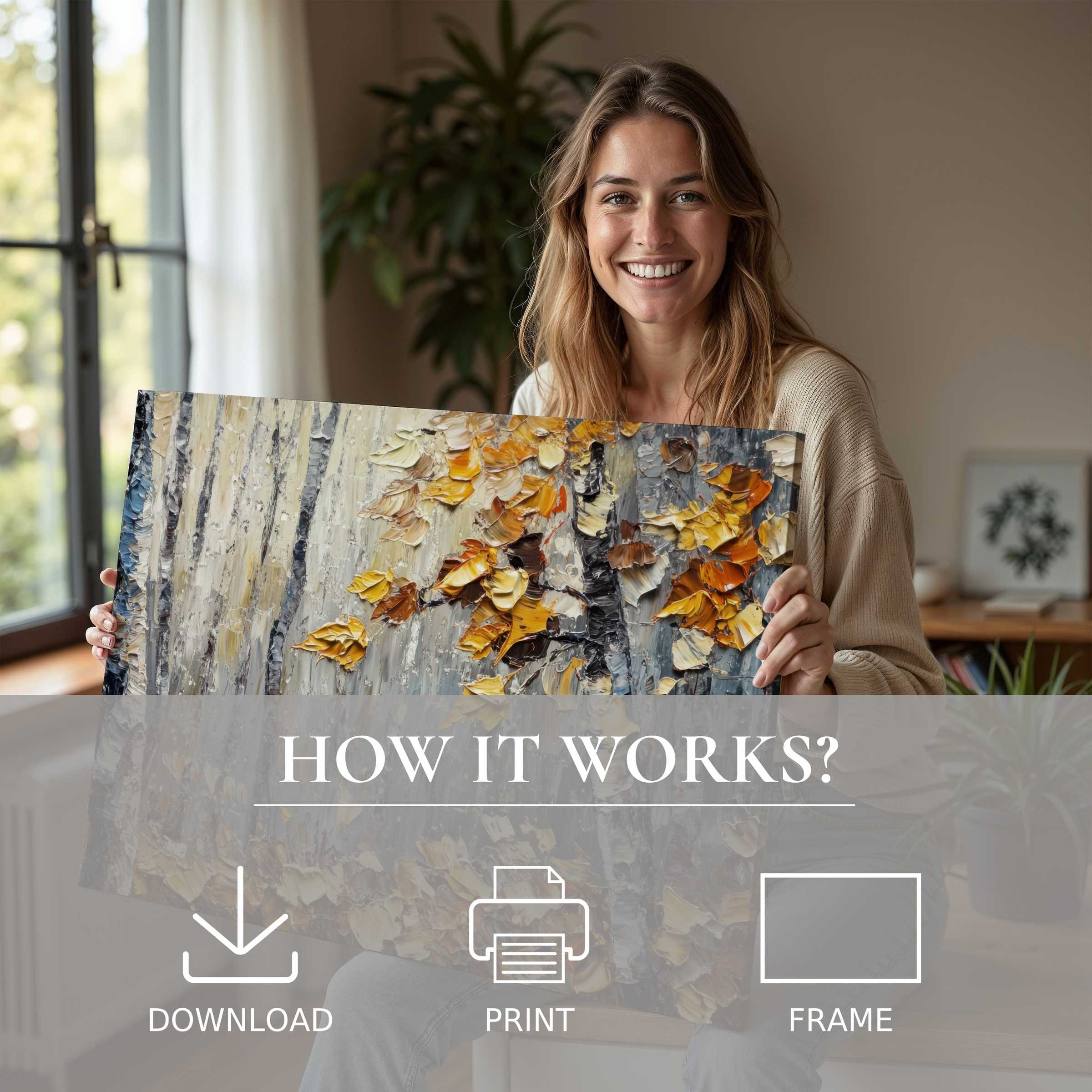 Refined tree digital art print held by a joyful woman in a sunlit modern home, evoking warmth and effortless elegance