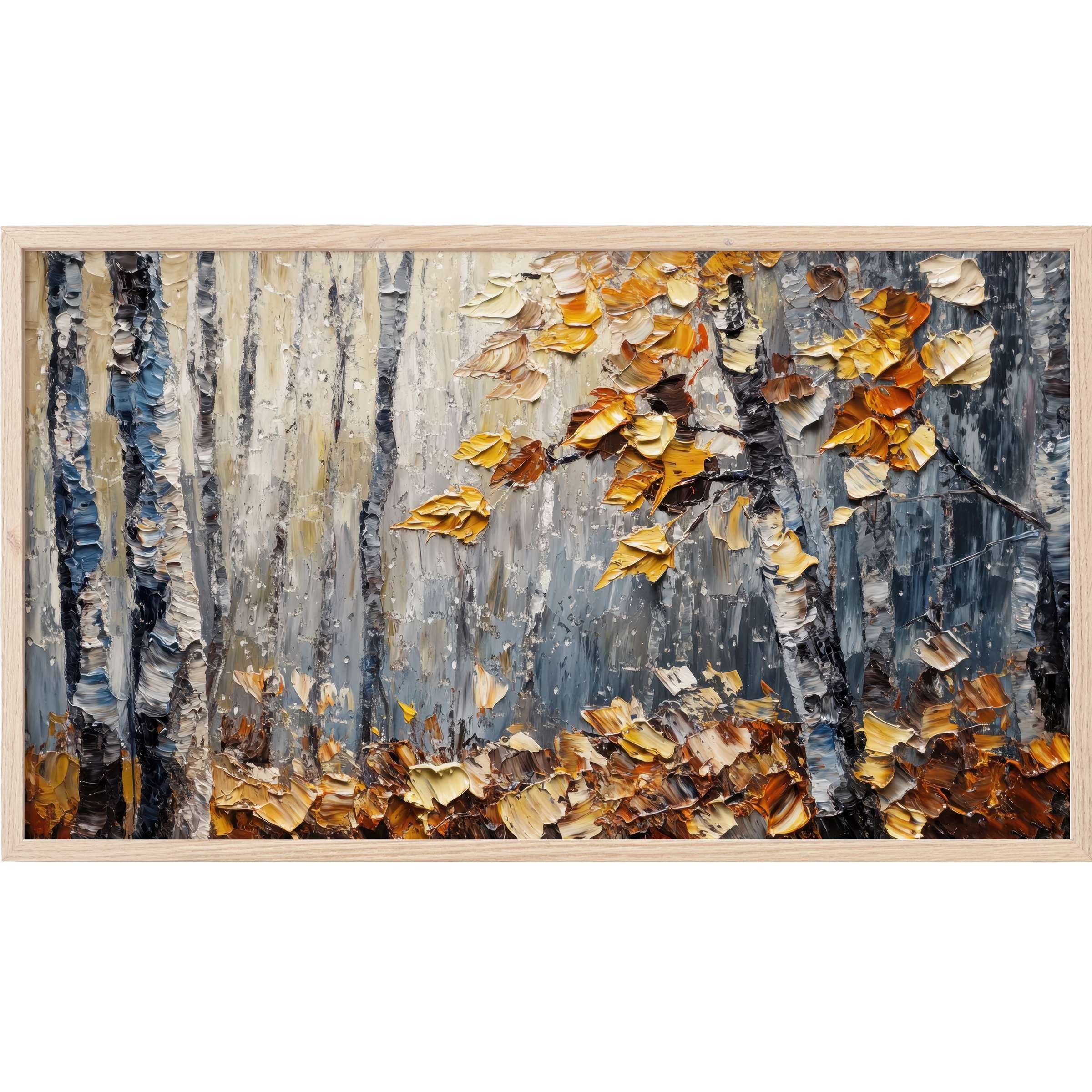 Textured oil painting of birch trees with golden leaves in autumn hues, elegant tree Frame TV Art for modern decor