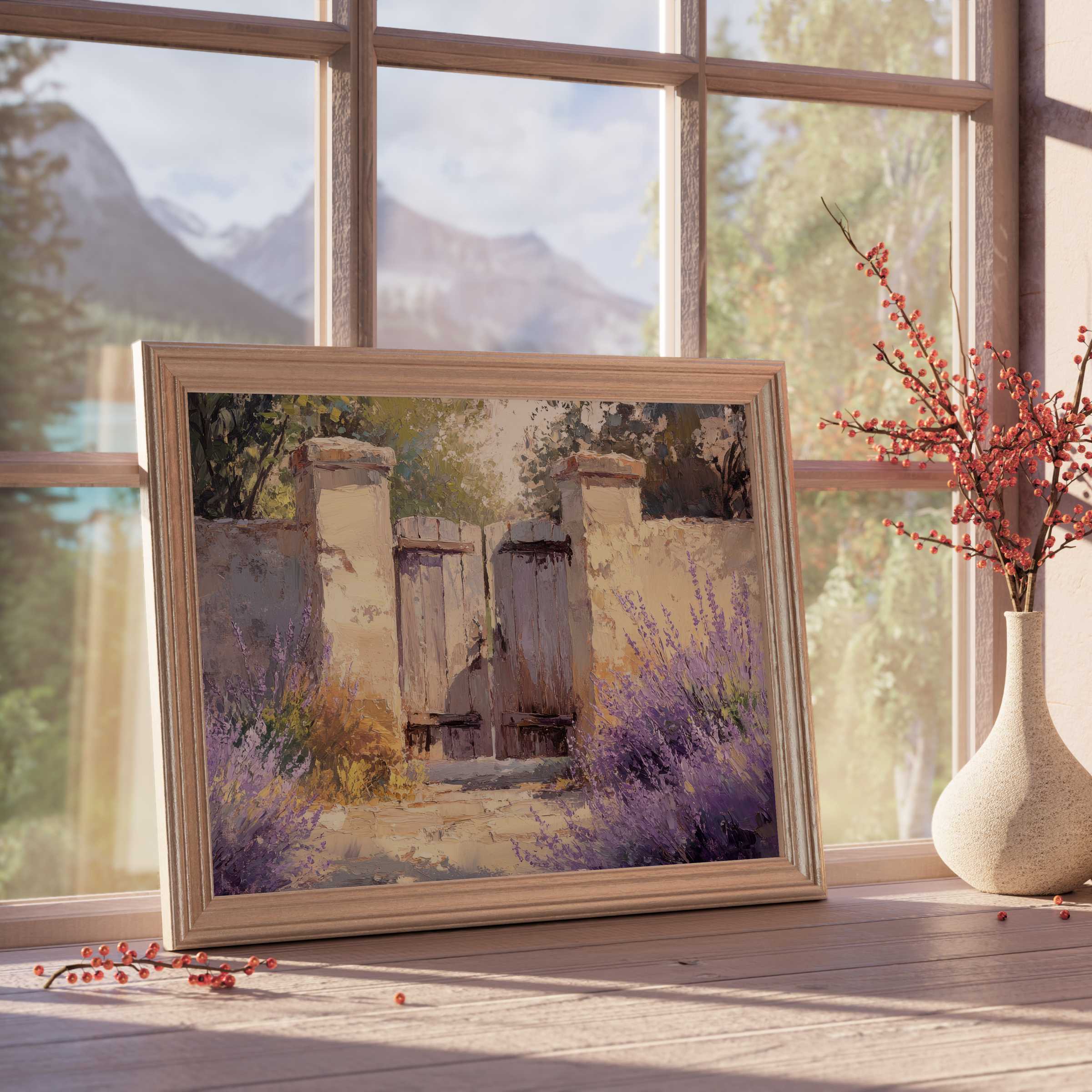 Farmhouse downloadable art featuring a rustic garden gate embraced by blooming lavender, evoking calm elegance in serene, design-forward spaces