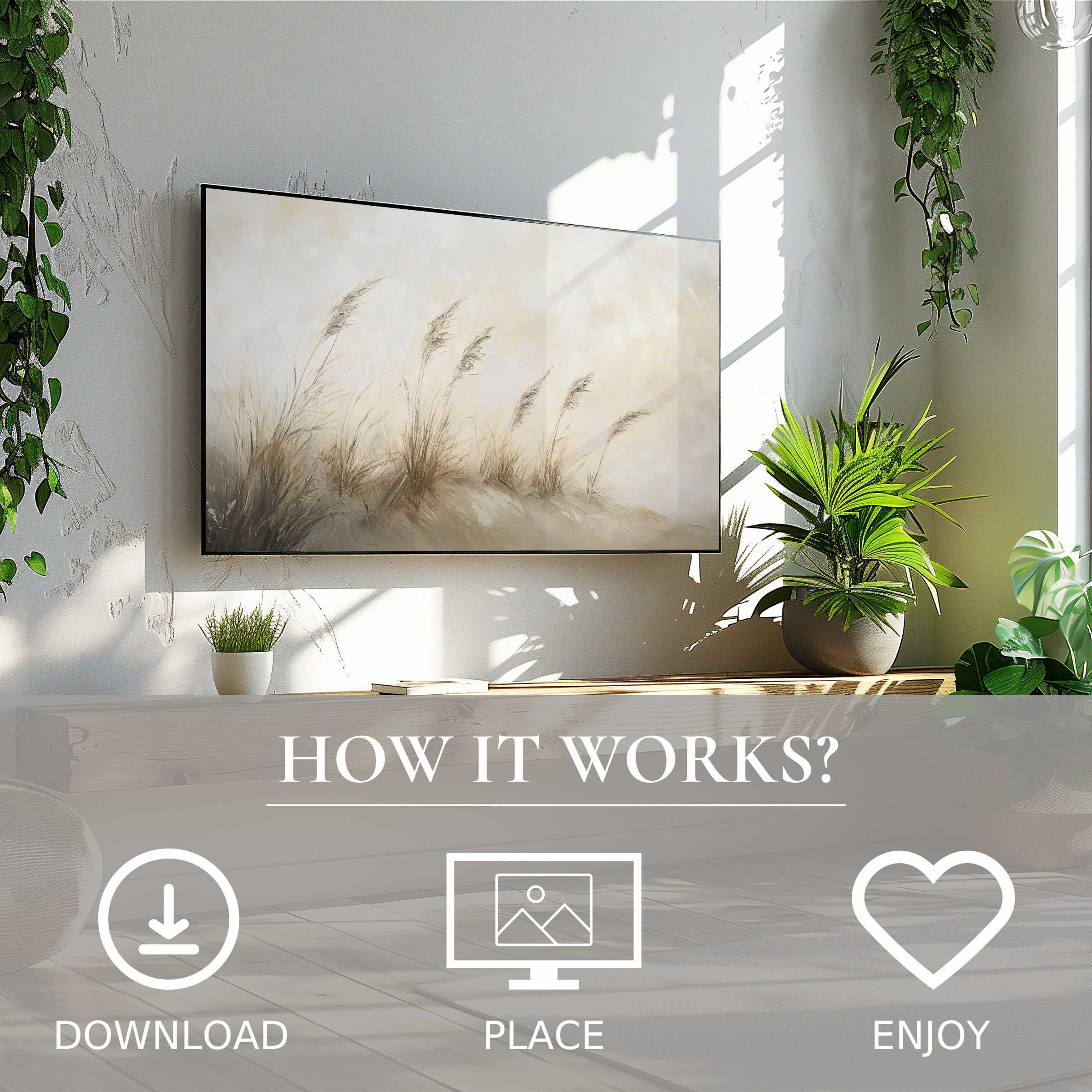 Coastal art for Samsung TV with soft neutral tones, easy digital download enhances airy, modern living spaces
