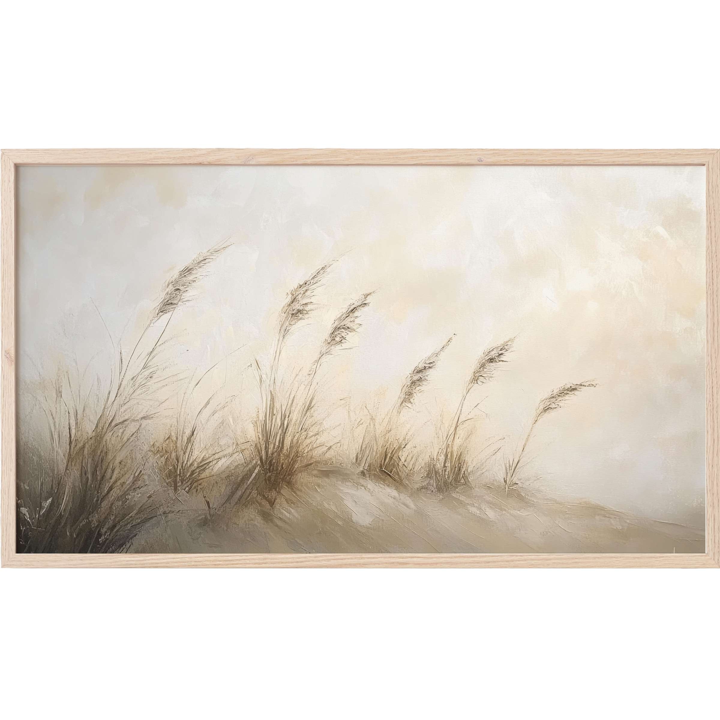 Soft, muted coastal grasses in beige tones with a light wood frame, perfect coastal Frame TV Art for serene spaces