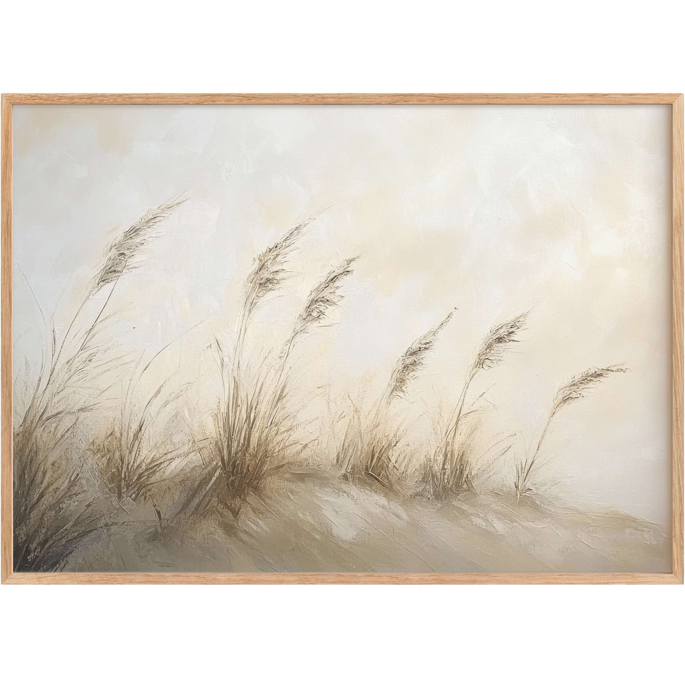Coastal printable wall art evoking serene seaside breezes with soft beige tones and delicate dune grasses for a calming, elegant ambiance