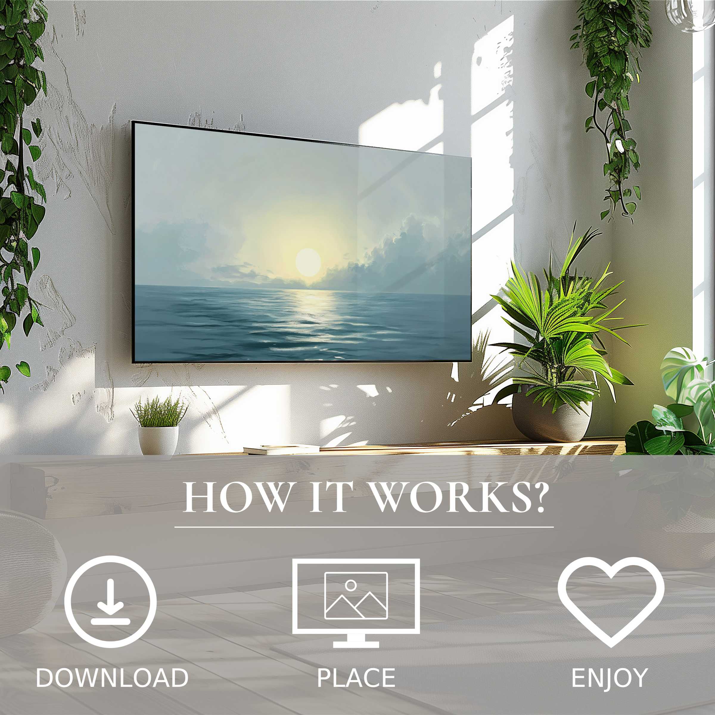 Modern living room with landscape art for Samsung TV; soft sunset tones enrich space via easy digital download