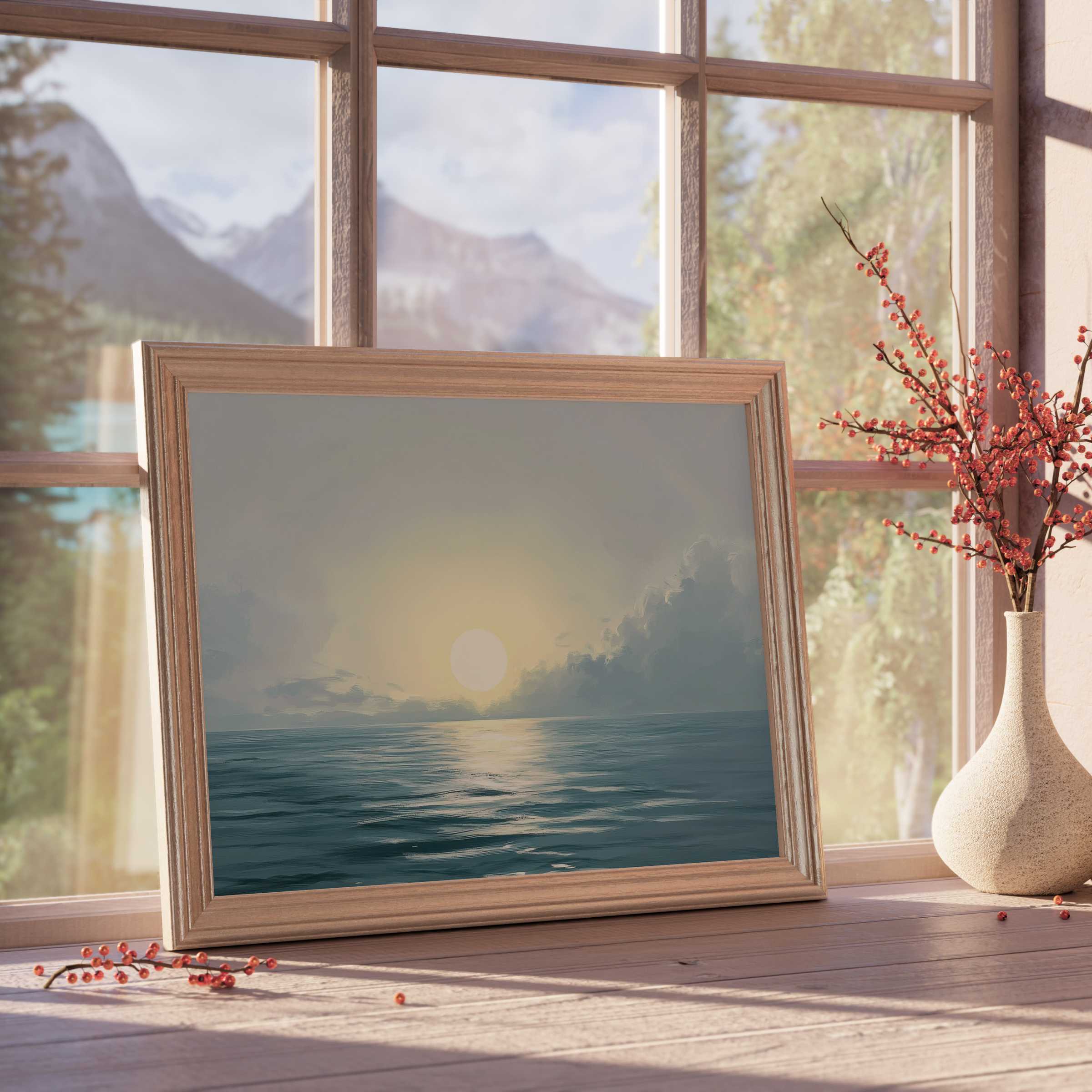 Serene landscape downloadable art capturing a tranquil ocean sunrise, enhancing calm, curated interiors with soft light and natural elegance