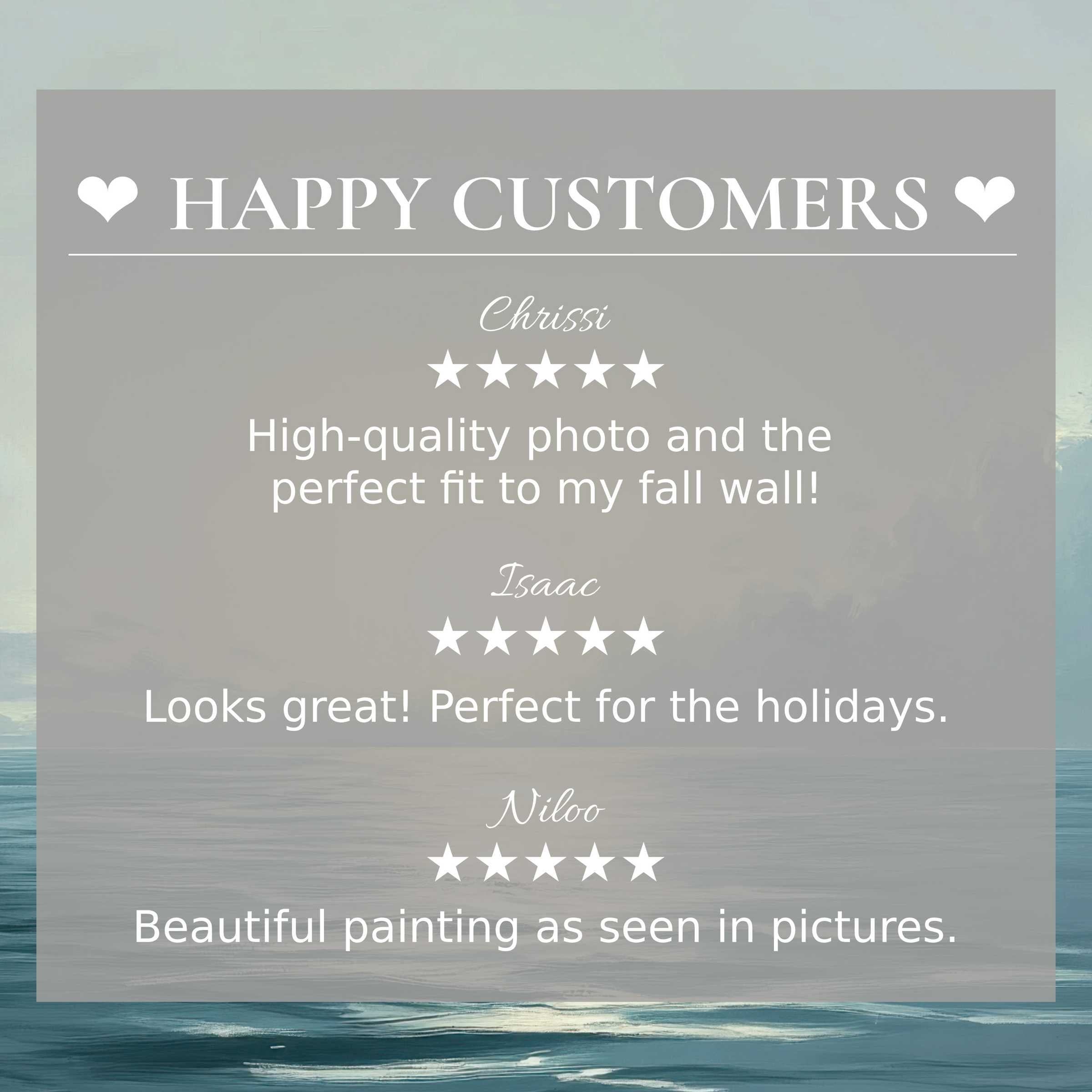Refined layout with serene ocean blues as background, highlighting happy customer reviews for landscape art for Frame TV