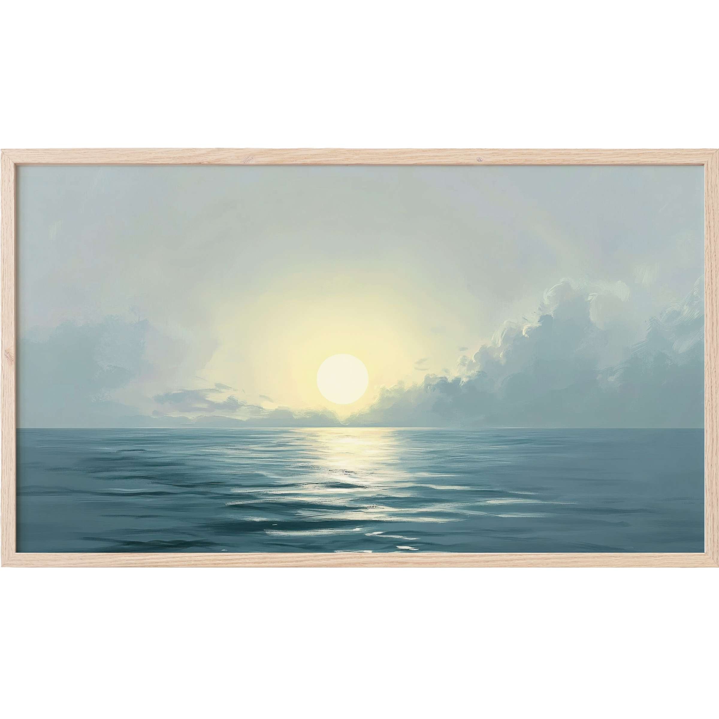 Serene ocean sunrise in soft blues and warm yellows, capturing tranquility in a sleek landscape Frame TV Art
