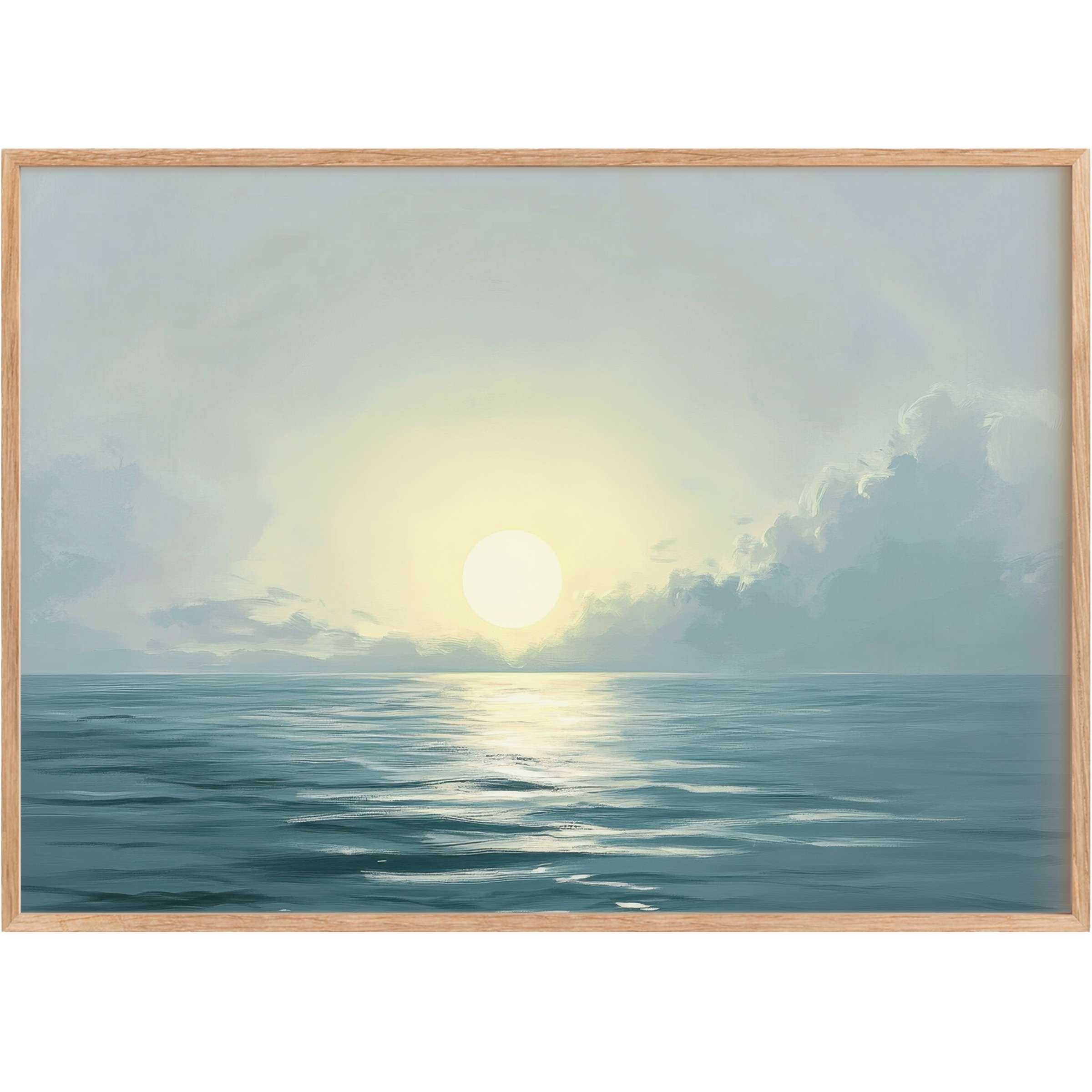 Serene landscape printable wall art captures a tranquil seascape at dawn, with soft blues and golden light evoking calm elegance