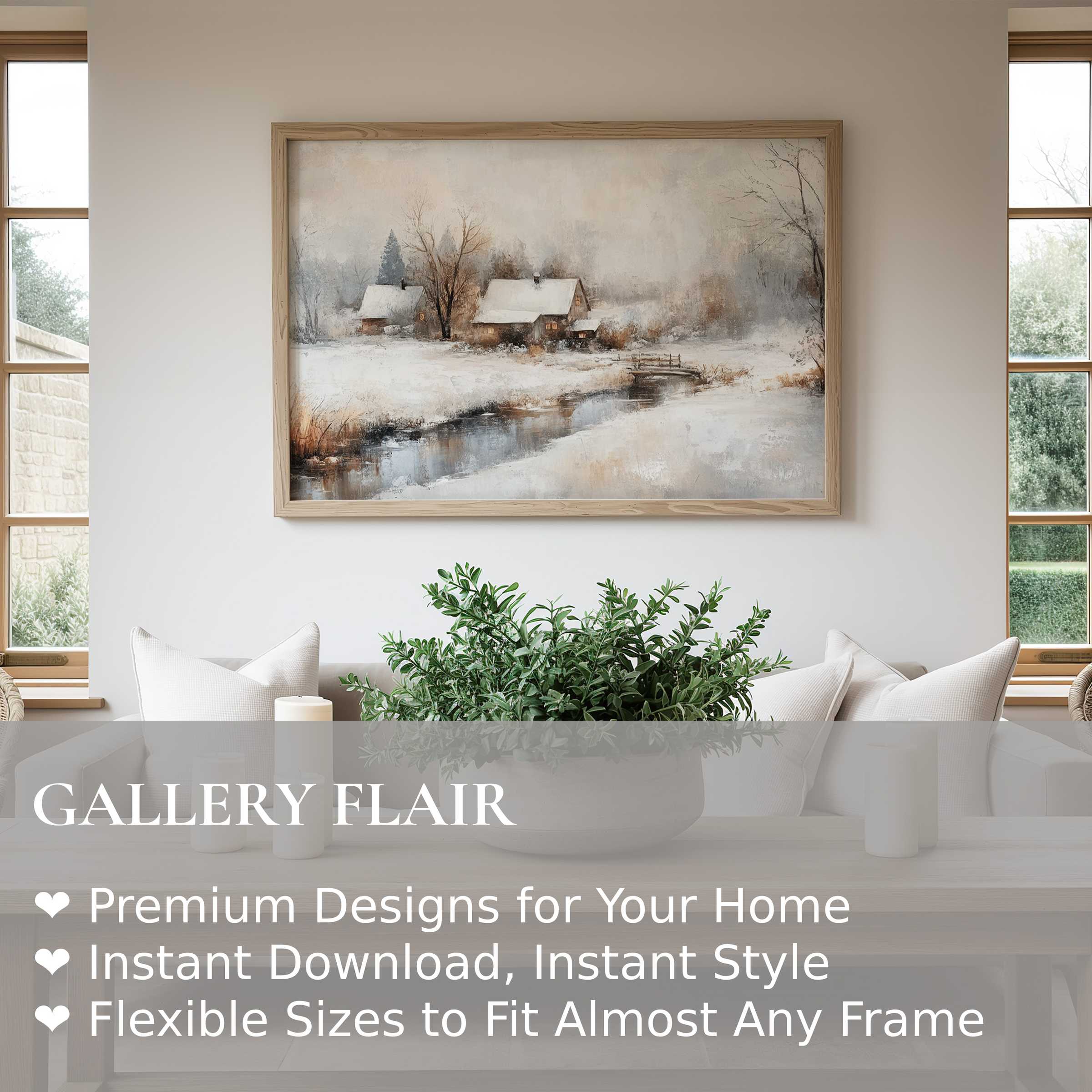 Vintage wall art print capturing a serene snowy landscape with rustic cabins, enhancing minimalist, cozy living spaces