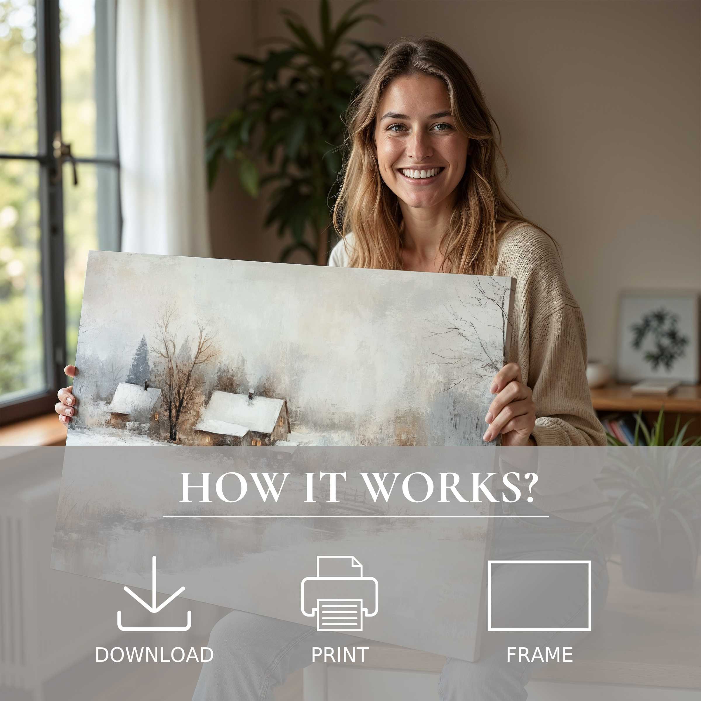 A vintage digital art print’s tranquil winter scene brings timeless warmth and joy, effortlessly enriching modern living spaces