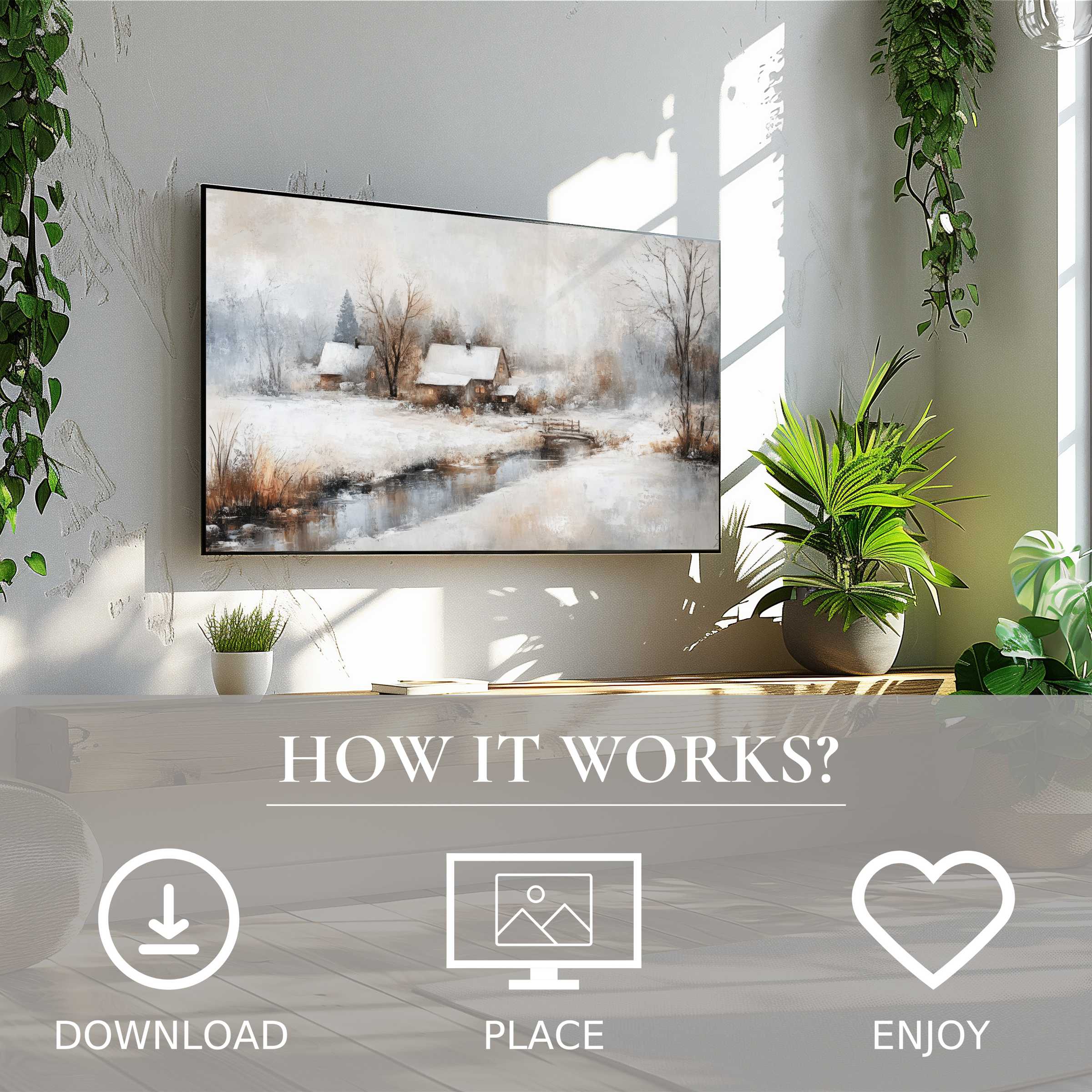 Vintage art for Samsung TV showing a snowy landscape with soft muted tones, easy digital download enhances any modern space