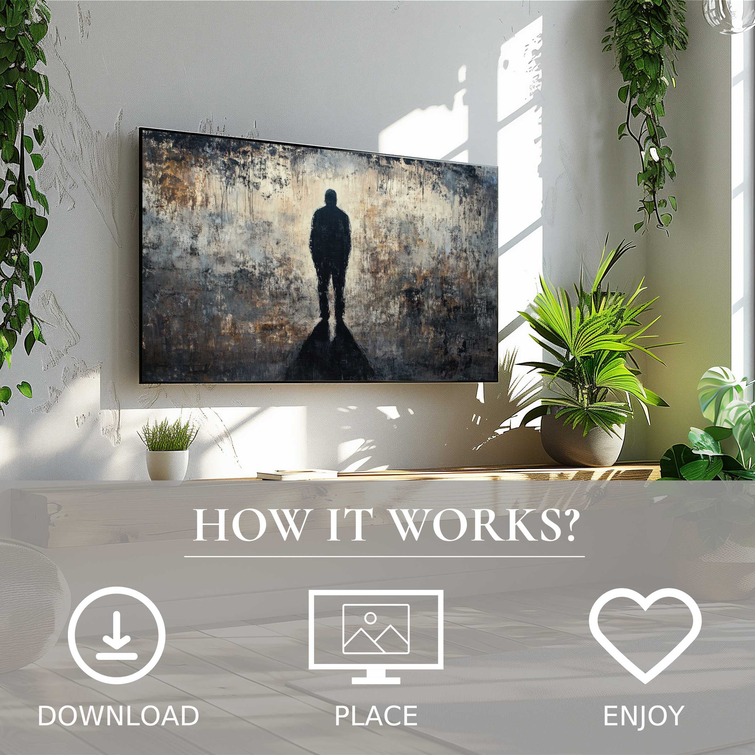 Modern living space with street art for Samsung TV, featuring a shadowy silhouette motif; easy digital download enriches decor