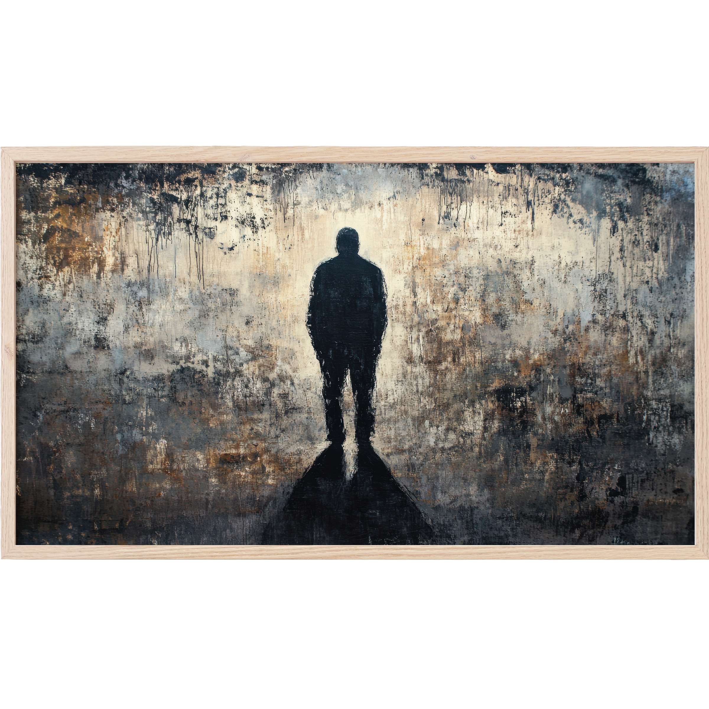 Moody silhouette amid textured grays and warm ochres, evocative street art Frame TV Art for modern interiors